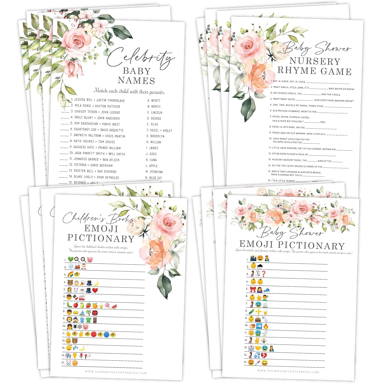 Floral Baby In Bloom Baby Shower Games, Fun Activities For 25 Guests(Nursery Rhyme, Celebrity Parents, Emoticon Baby Shower And Children'S Book Emoticon Game)