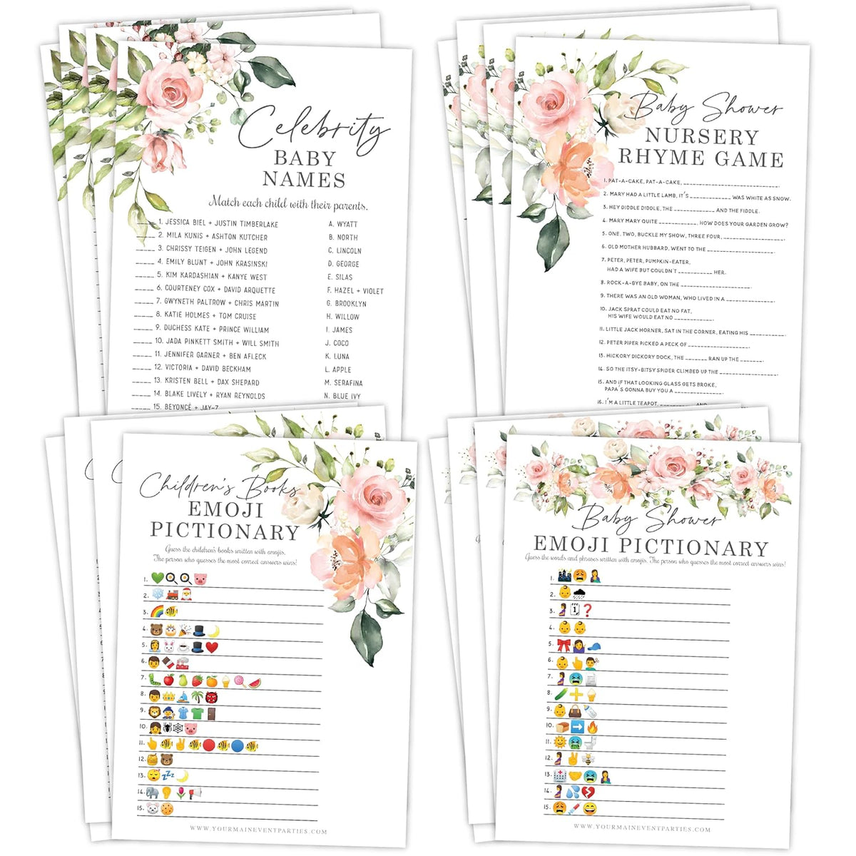 Floral Baby In Bloom Baby Shower Games, Fun Activities For 25 Guests(Nursery Rhyme, Celebrity Parents, Emoticon Baby Shower And Children'S Book Emoticon Game)