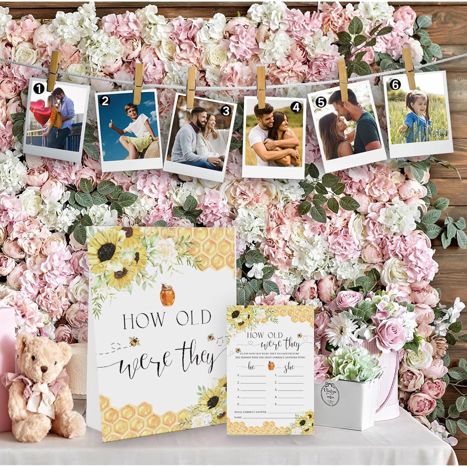Sunflower Bee How Old Were The Bride And Groom Game, Guessing The Age Photo, Bridal Shower Wedding Shower Game (1 Sign And 30 Cards)-Bng11