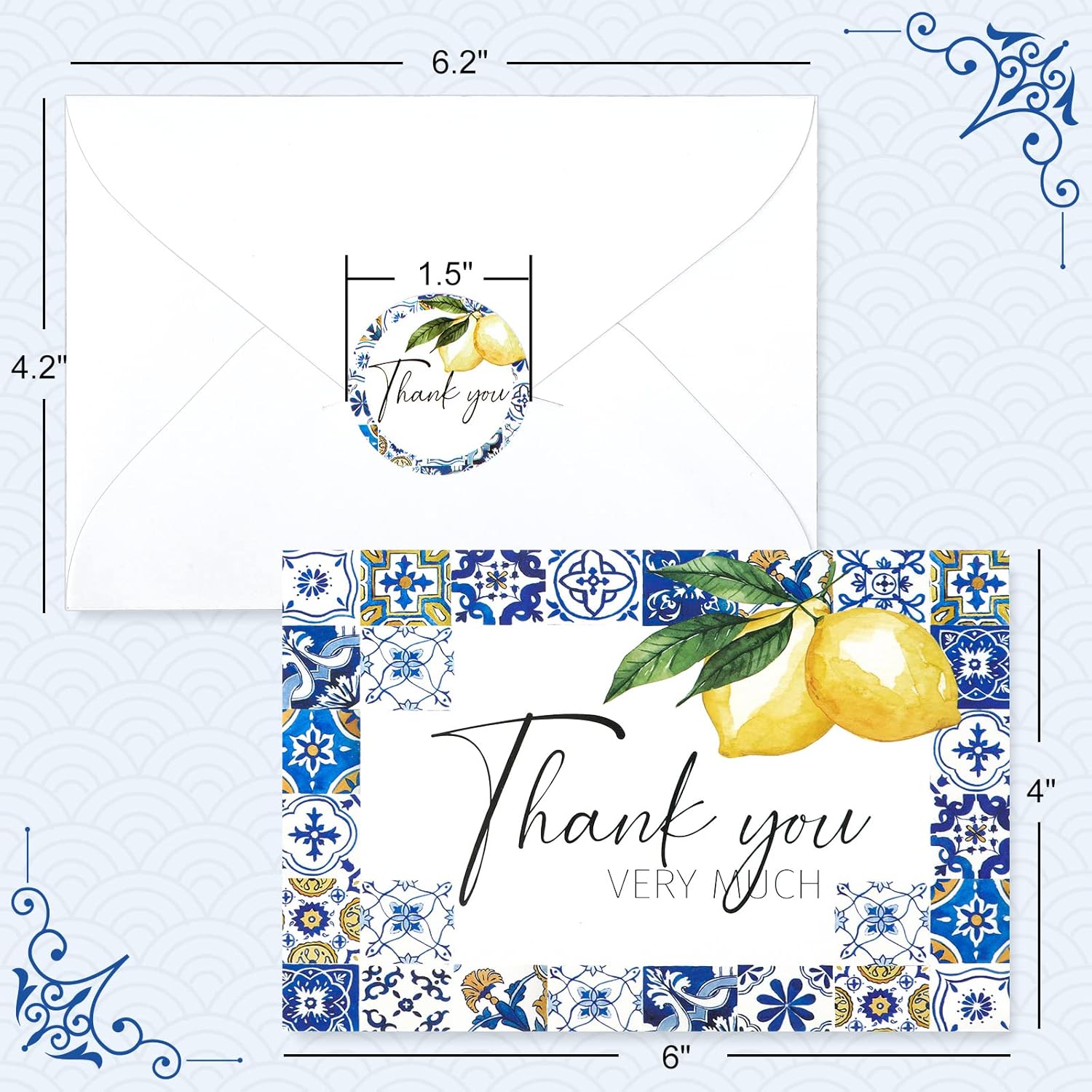 Lemon Thank You Cards Bulk 24 Pack Thank You Note Cards With Matching Seal Stickers Envelopes Blue Tiles Lemon Greeting Cards For Baby Shower Wedding Birthday Bridal Party And All Occasion