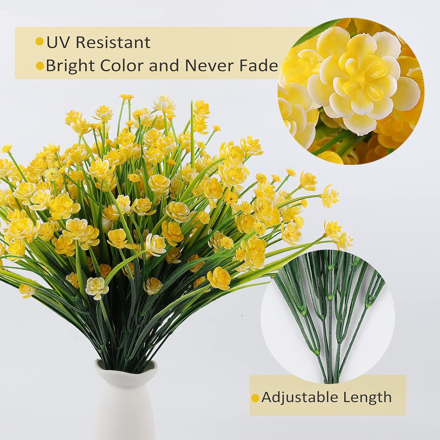 Artificial Flower Outdoor 12 Bundles Faux Plastic Greenery Fake Flowers For Decoration Uv Resistant Fake Flower Plastic Flowers Bulk For Outside Garden Balcony Decor (Yellow)