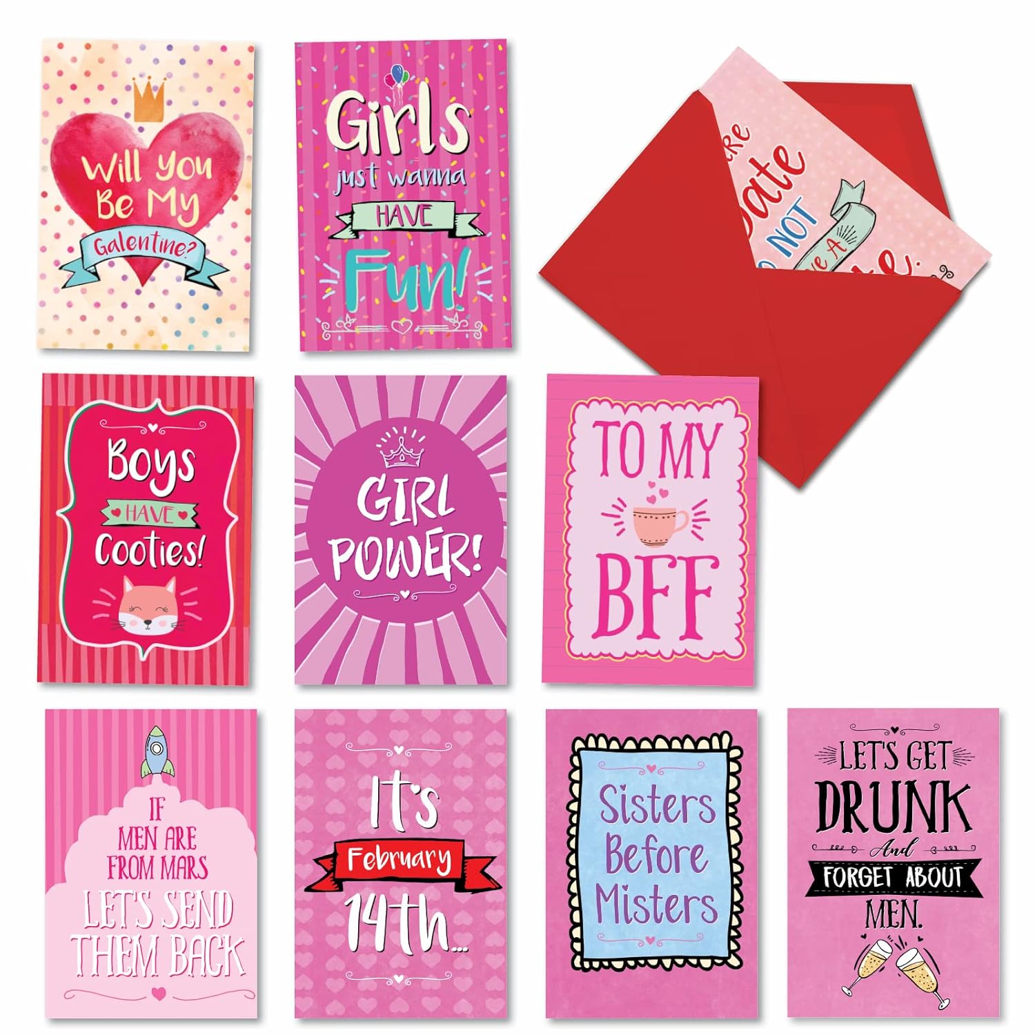 10 Assorted Box Set Funny Galentine'S Day Greeting Cards W/ 5 X 7 Inch Envelopes (10 Designs, 1 Each) Be My Galentine Ac3355Vdg-B1X10