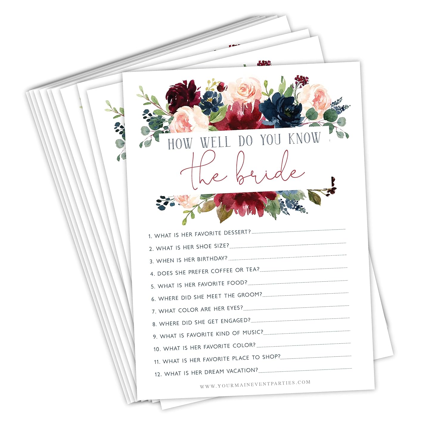 "How Well Do You Know The Bride Navy Burgundy 50 Pack Floral Bridal Wedding Shower Or Bachelorette Party Game - Guessing Question Pack For Engagement Parties