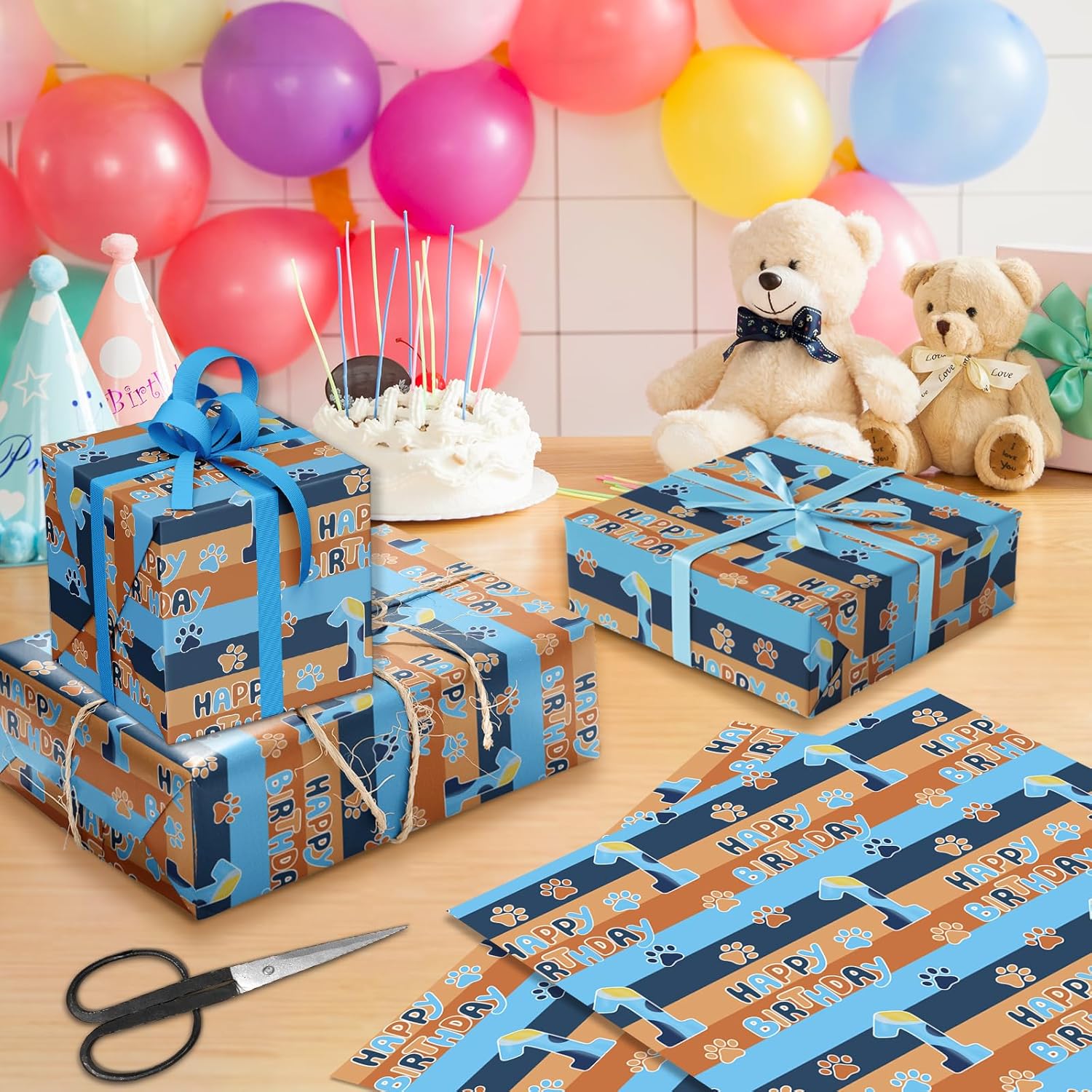 Happy 1St Birthday Wrapping Paper, 10 Sheets Blue Orange Dog Paw Gift Wrap Paper For Kids Boys Girls Birthday Party Baby Showers Holiday Greetings Present Packing | 19.7×27.6 Inch