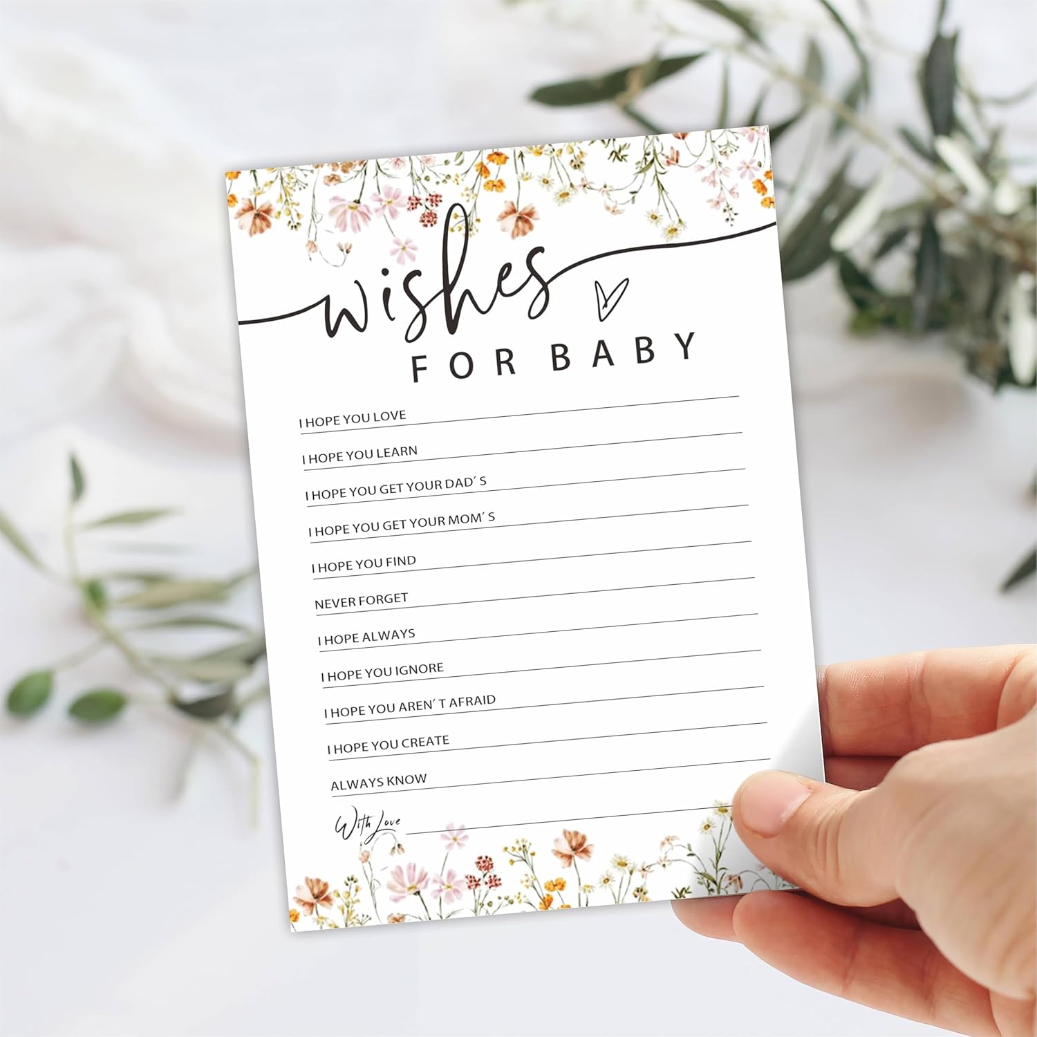 Floral, Wild Flower Baby Shower Game Card - 30 Fill In Game Cards For Baby Shower, Funny Gender Reveal Party Favor, Activity & Supplies - Wishes For Baby Game Kit For Baby Shower - C02