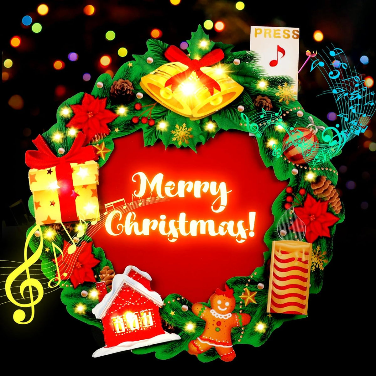 Christmas Cards, Light And Music Christmas Wreath Card, 3D Pop Up Xmas Greeting Card For Women Men Kids Husband Wife Mom Dad Daughter, Decoration For Tree