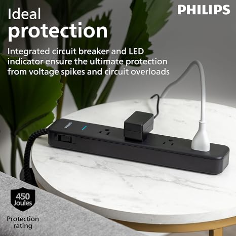 Metal Power Strip 6 Outlets 2 USB Ports Individual Switches 1200J 6FT