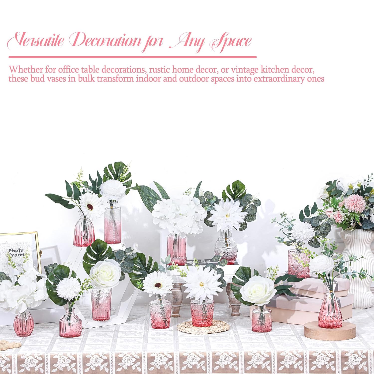 108 Pcs Artificial Flowers In Vase 96 Pcs Faux Greenery Stem Table Centerpiece Fake Plants Silk Roses Arrangement 12 Pcs Glass Vase Sets For Wedding Bathroom Home Dining Decor(White Pink)