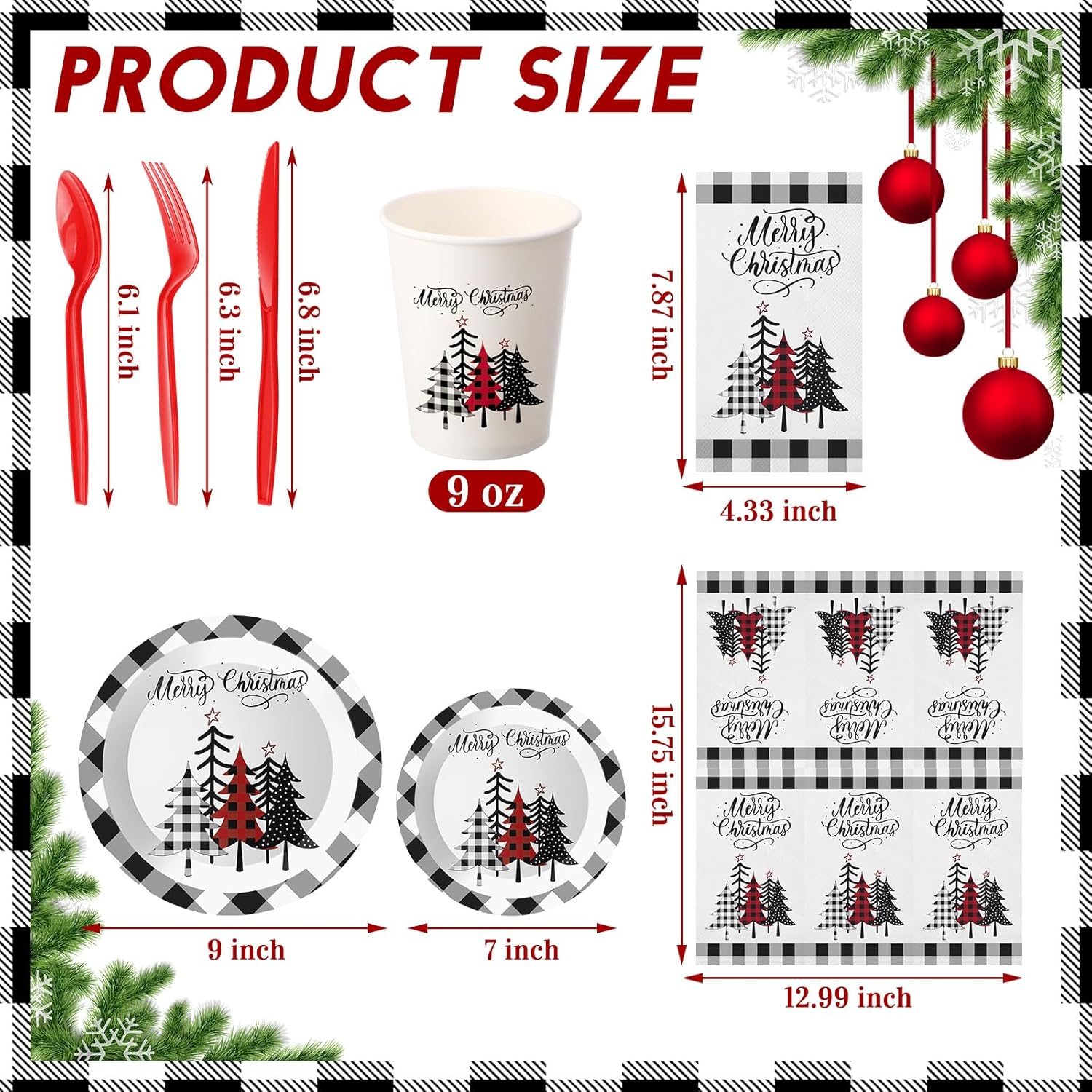 400 Pcs Christmas Dinnerware Set Disposable Christmas Plates And Napkins Set Serve 50 Winter Xmas Paper Dinner Plates Napkins Cup Xmas Party Supplies For Holiday(Black,White,Plaid)