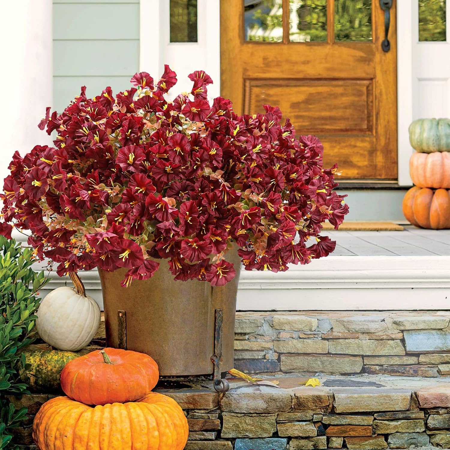 10Pcs Outdoor Fall Faux Flowers Uv Resistant Morning Glory Artificial Flowers Eucalyptus Plants For Autumn Garden Patio Window Box Planter Home Decor (Burgundy)