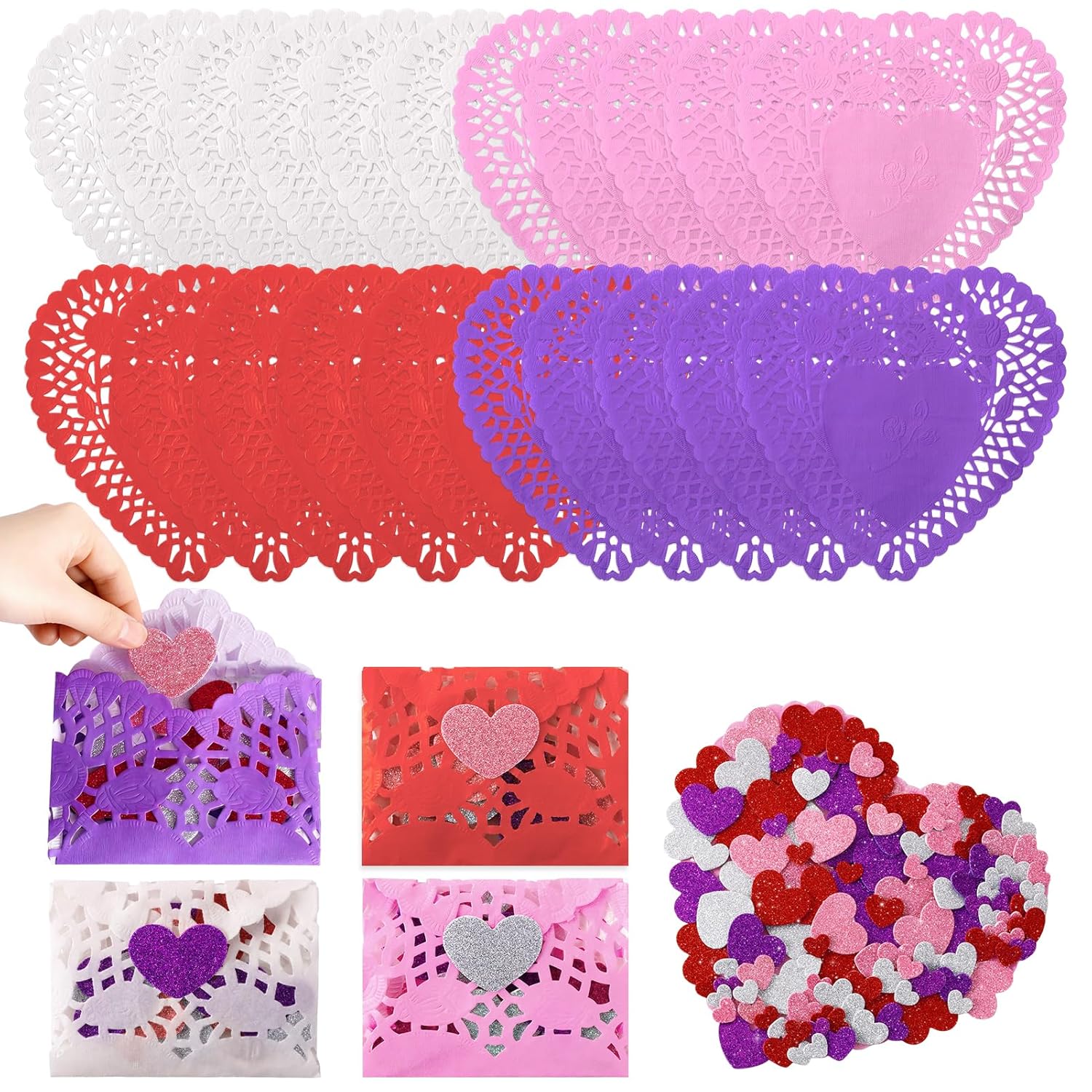 300Pc 10X10" Valentines Day Craft Gift Large Paper Heart Doilies With 100Pc Heart Shaped Doilies Lace Heart Doily Envelopes 200Pc Glitter Foam Heart Stickers For Valentines Day Wedding Party(10 Inch)