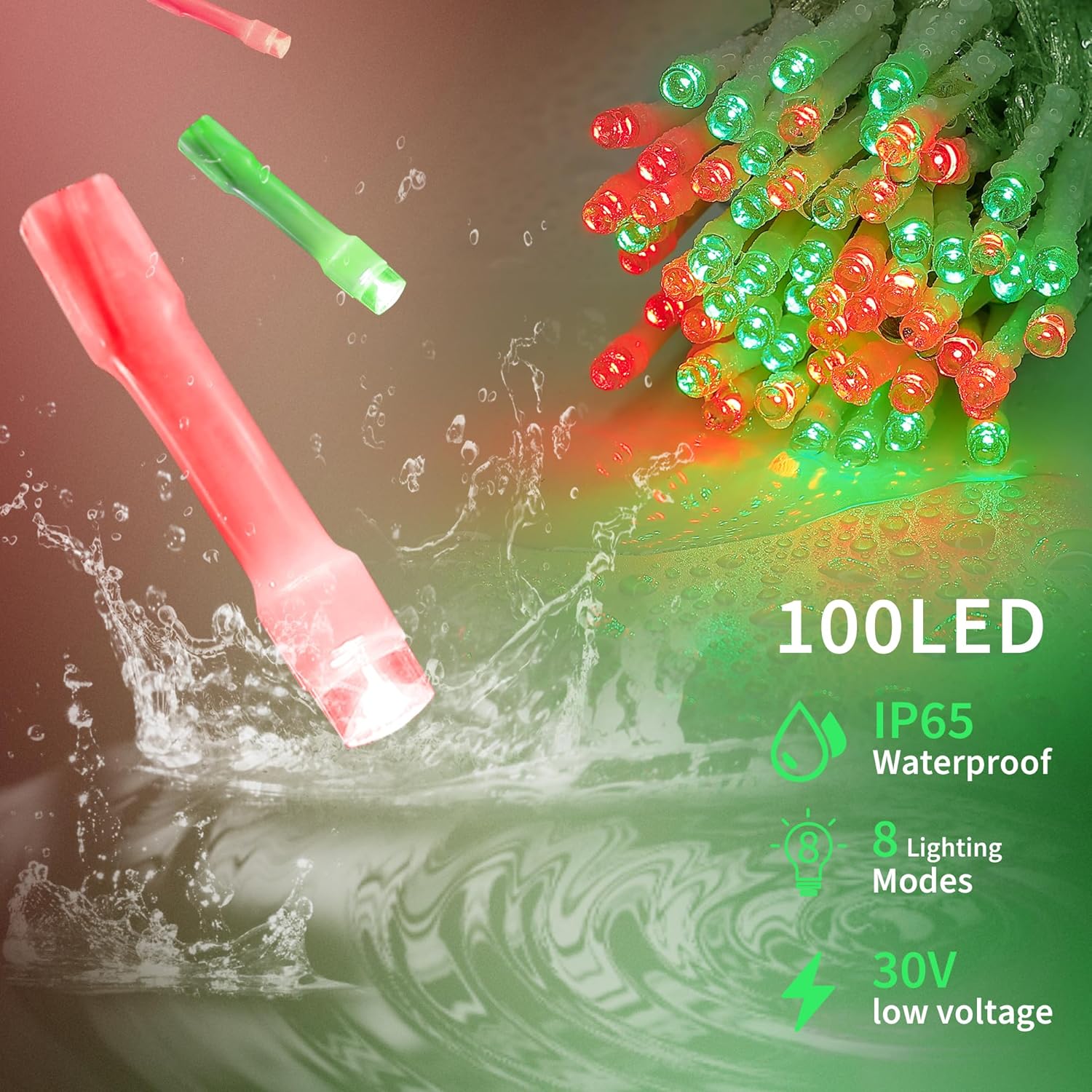 Red And Green String Lights, 33Ft 100 Led Christmas Lights Plug In,8 Modes Twinkle Fairy Light Waterproof For Indoor Out