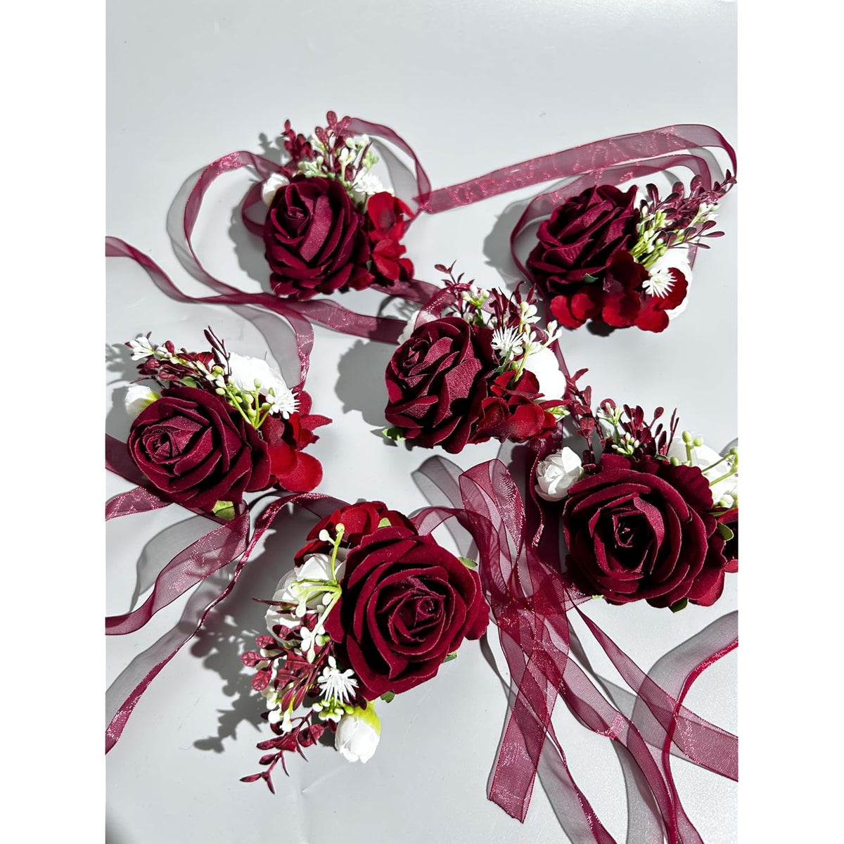 6Pcs/Lot Artificial Rose Flowers Groom Boutonniere Bride Wrist Corsage Bridesmaid Sister Women Hand Flower Wedding Flowers Party Decoration (Burgundy Wrist Corsage)