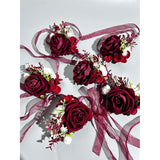 6Pcs/Lot Artificial Rose Flowers Groom Boutonniere Bride Wrist Corsage Bridesmaid Sister Women Hand Flower Wedding Flowers Party Decoration (Burgundy Wrist Corsage)