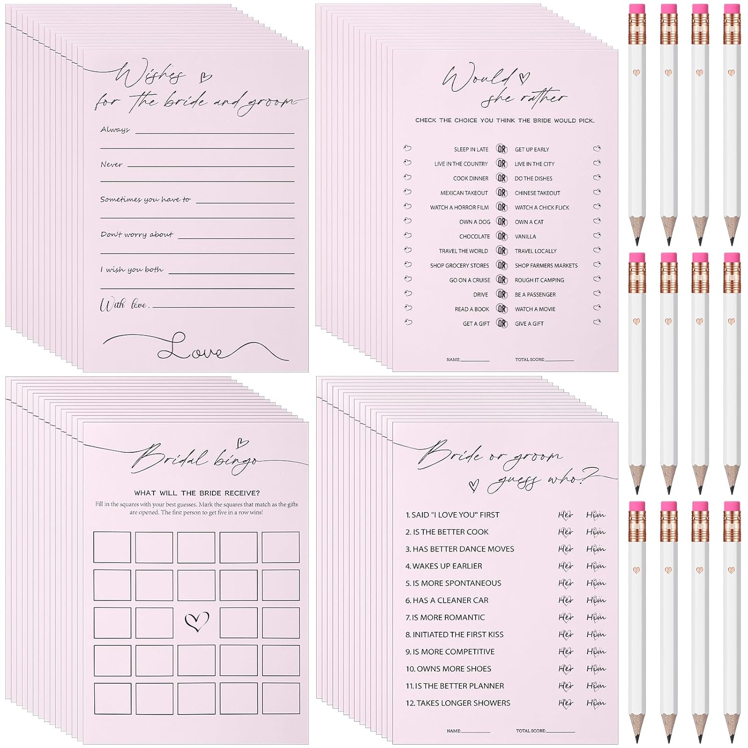 132 Pieces Wedding Shower Games Bridal Shower Favors For 30 Guests Including 120 Wedding Games Cards And 12 Pencils For Bride Groom Bachelorette Party Favor(Light Pink)
