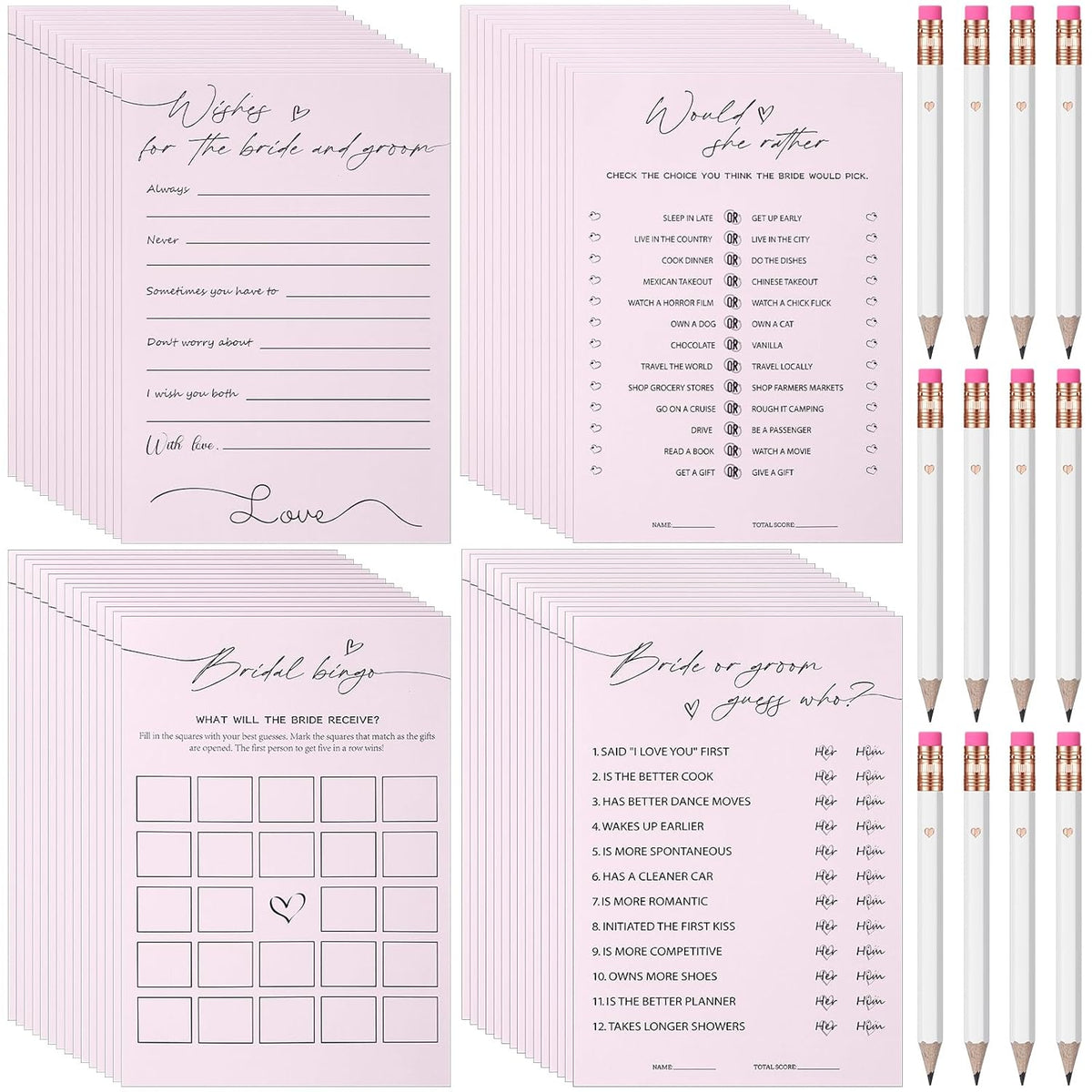 132 Pieces Wedding Shower Games Bridal Shower Favors For 30 Guests Including 120 Wedding Games Cards And 12 Pencils For Bride Groom Bachelorette Party Favor(Light Pink)