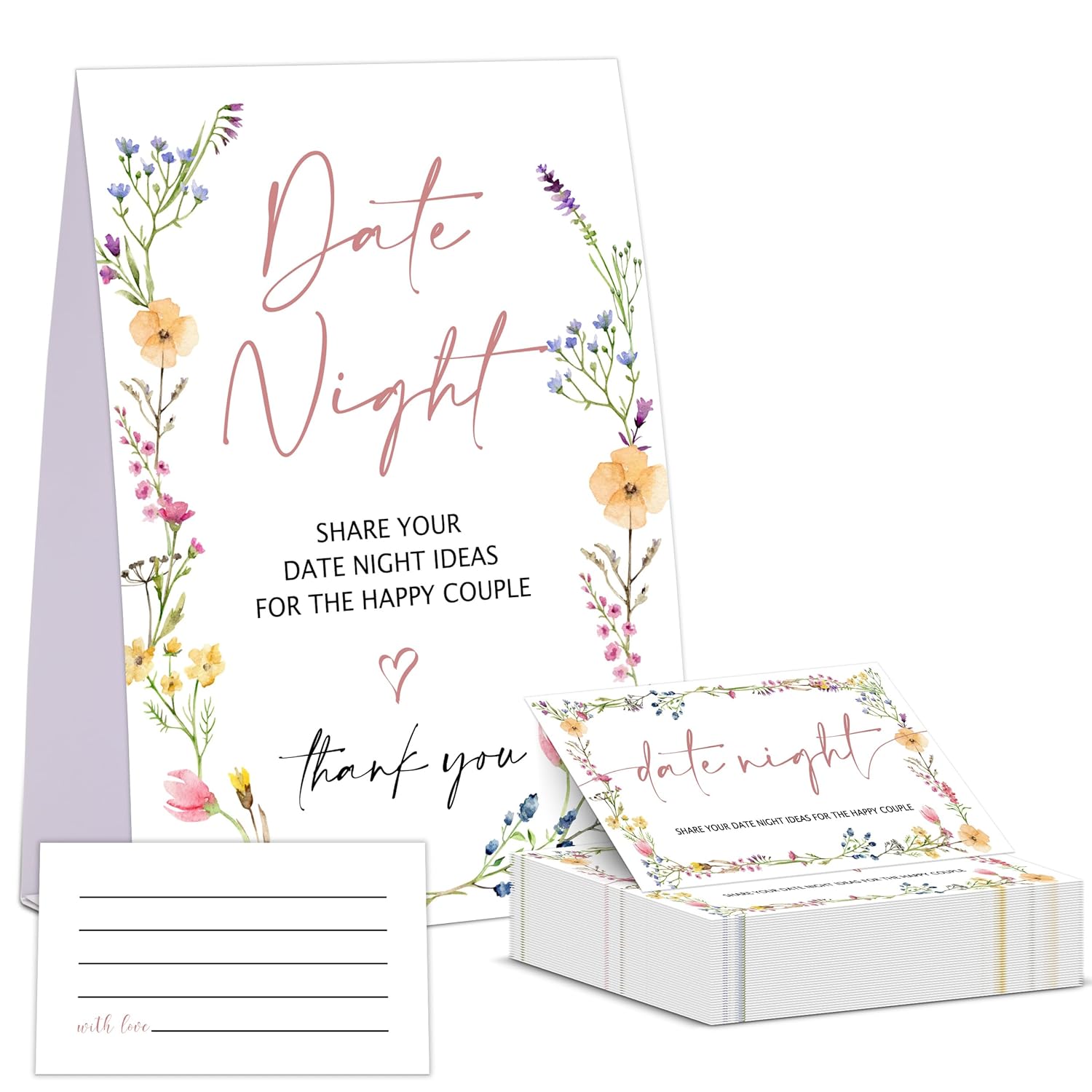 Wildflowers Date Night Game, Date Night Ideas Sign With 50 Cards, Bridal Shower Game, Boho Bridal Shower Decorations, Wedding Date Night Advice - 07