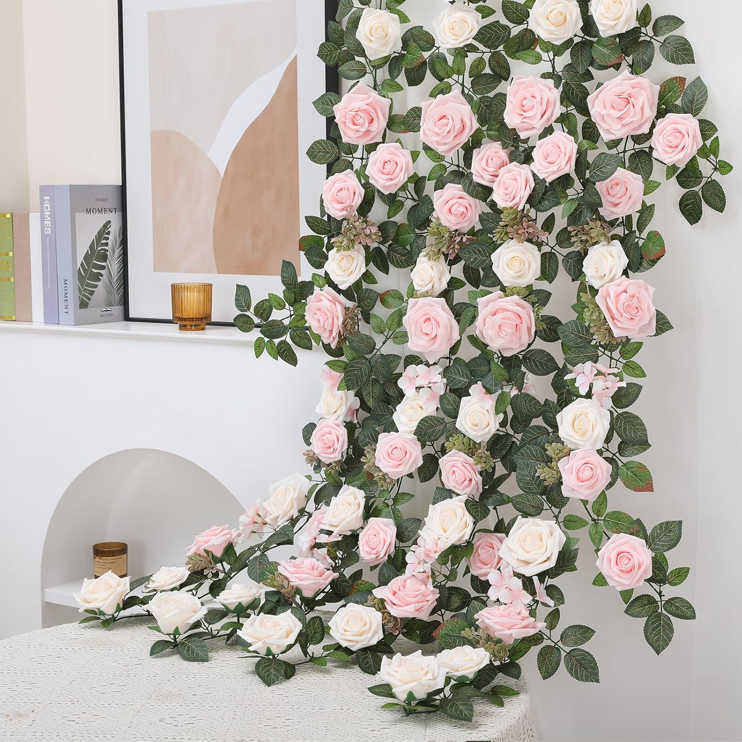 5Ft Artificial Rose Flower Garland - Blush Pink Fake Floral Vine With Rose Leaves, Runner Rustic Flower Garland For Wedding Arch Backdrop, Table Runner Centerpieces, Party Home Mantel Decor