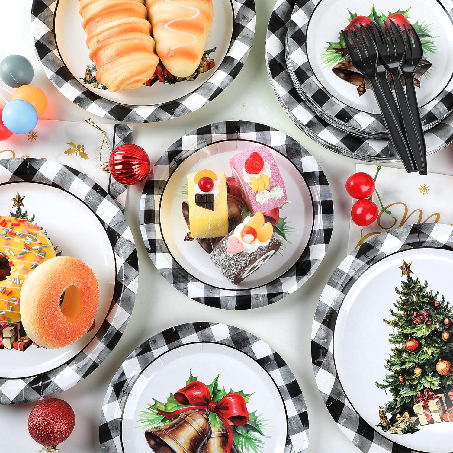 100Pcs Christmas Paper Plates And Napkins Set Black Buffalo Plaid Plates Christmas Party Supplies Xmas Tree Disposable Dinnerware Tableware Set For Holiday Winter Party Decoration Serve 25