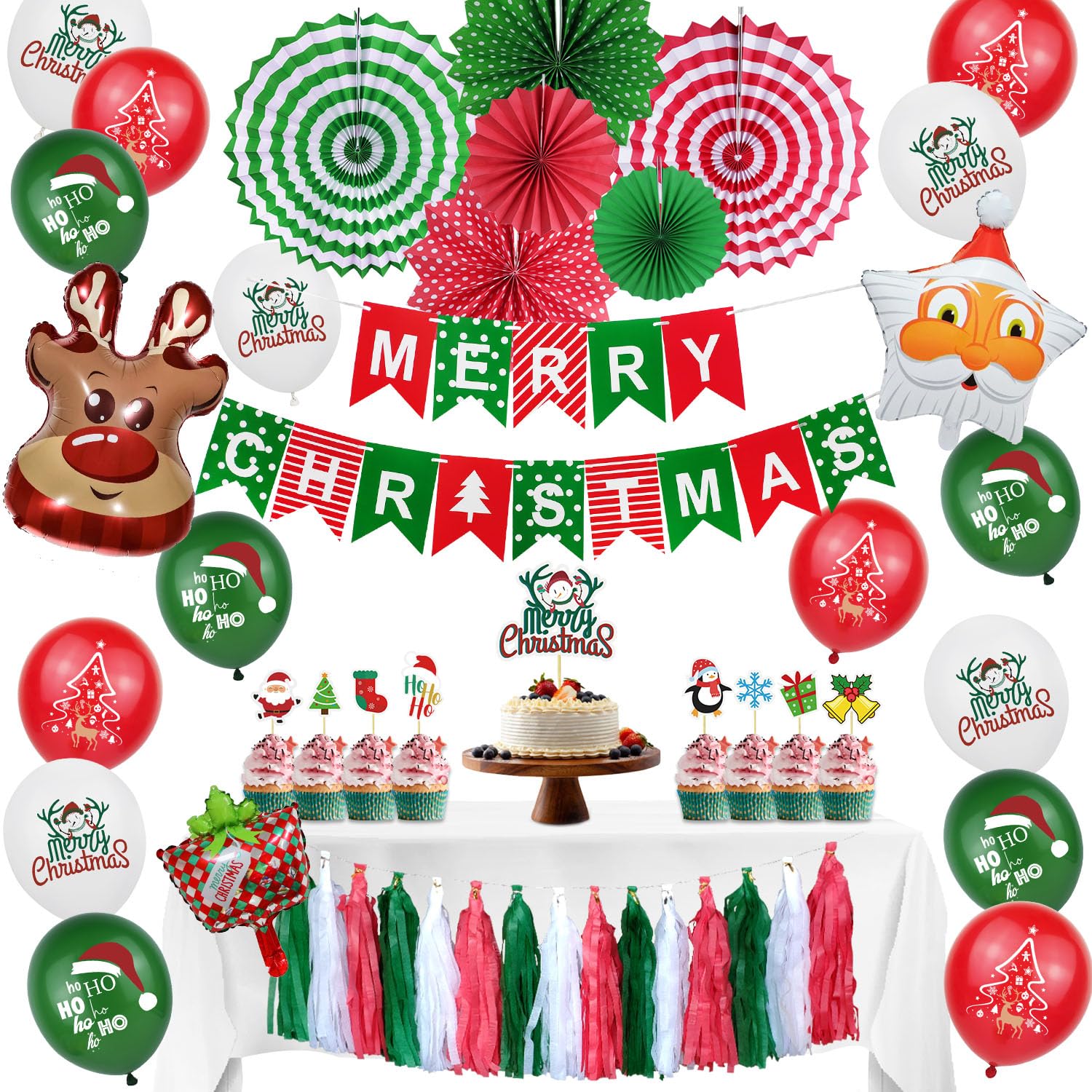 Christmas Party Balloon Set,Christmas Party Decorations Supplies Set, Reusable Indoor Kit With Merry Christmas Banner, Snowman Garland, Balloons, Hanging Swirls, Tissue Fan Flower, 55 Pieces