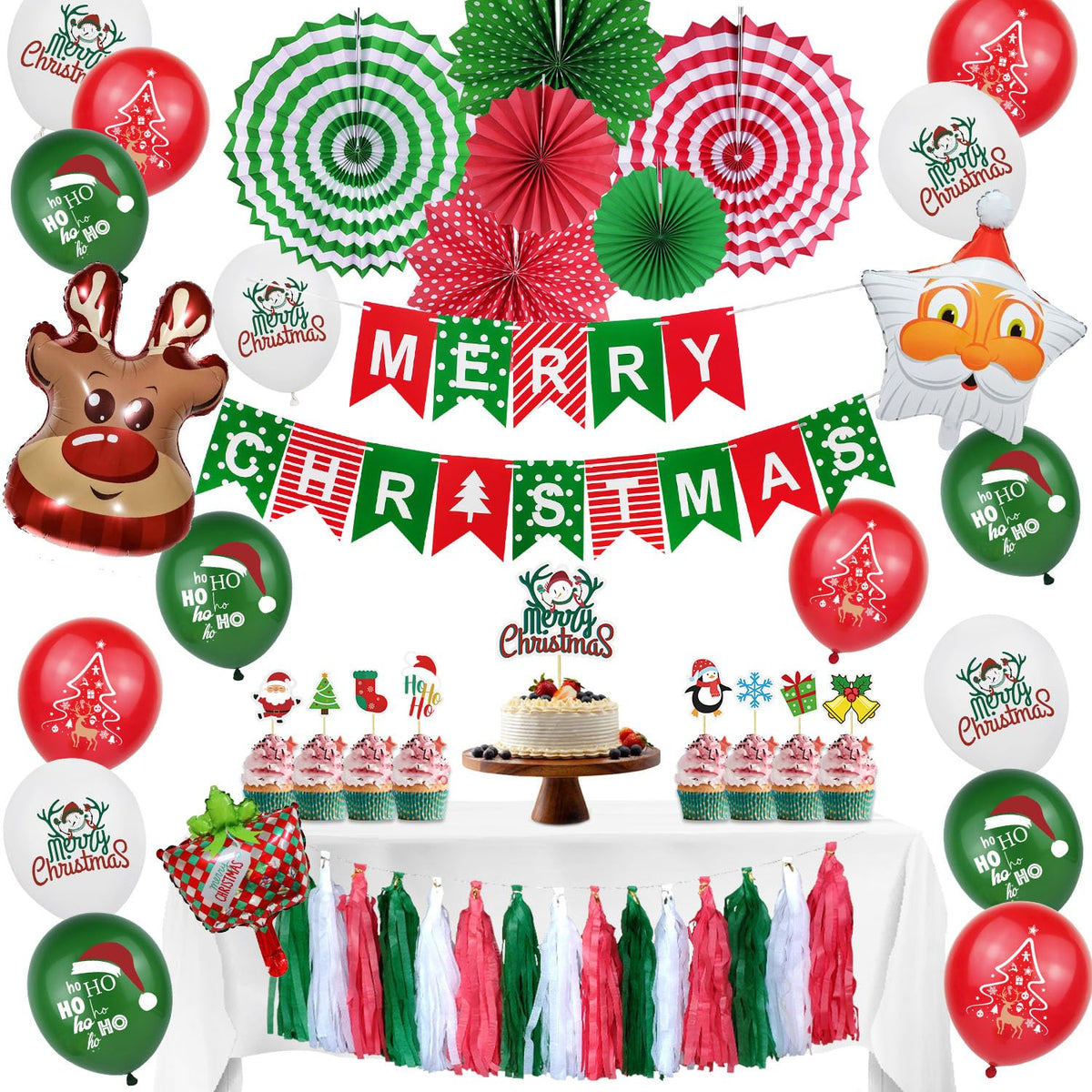 Christmas Party Balloon Set,Christmas Party Decorations Supplies Set, Reusable Indoor Kit With Merry Christmas Banner, Snowman Garland, Balloons, Hanging Swirls, Tissue Fan Flower, 55 Pieces