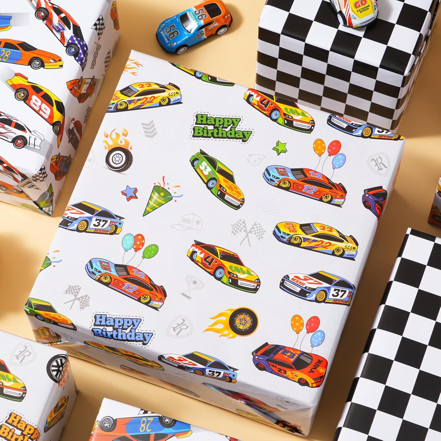 Race Car Wrapping Paper Rolls - Birthday Wrapping Paper For Kids Boys Autodrome Set Perfect For Party, Celebrating, Baby Boy Present Packing– 3 Rolls - 17 Inch X 120 Inch Per Roll
