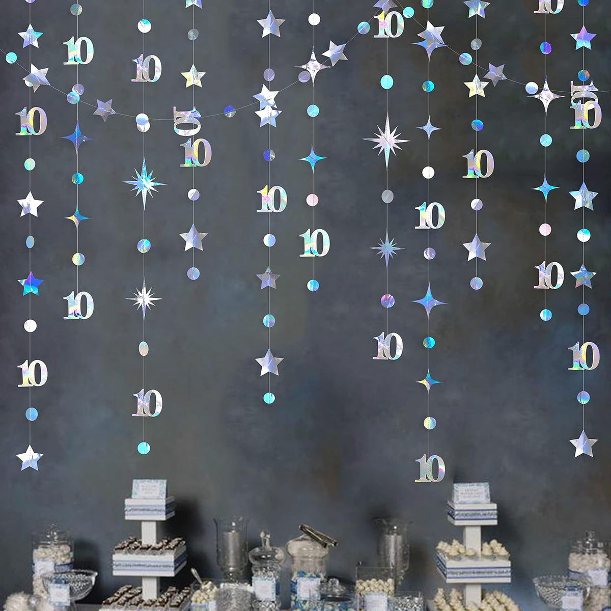 Iridescent 10Th Birthday Decorations Number 10 Circle Dot Twinkle Star Garland Metallic Hanging Streamer Bunting Banner Backdrop For Girls Boys Ten Year Old Birthday 10Th Anniversary Party Supplies