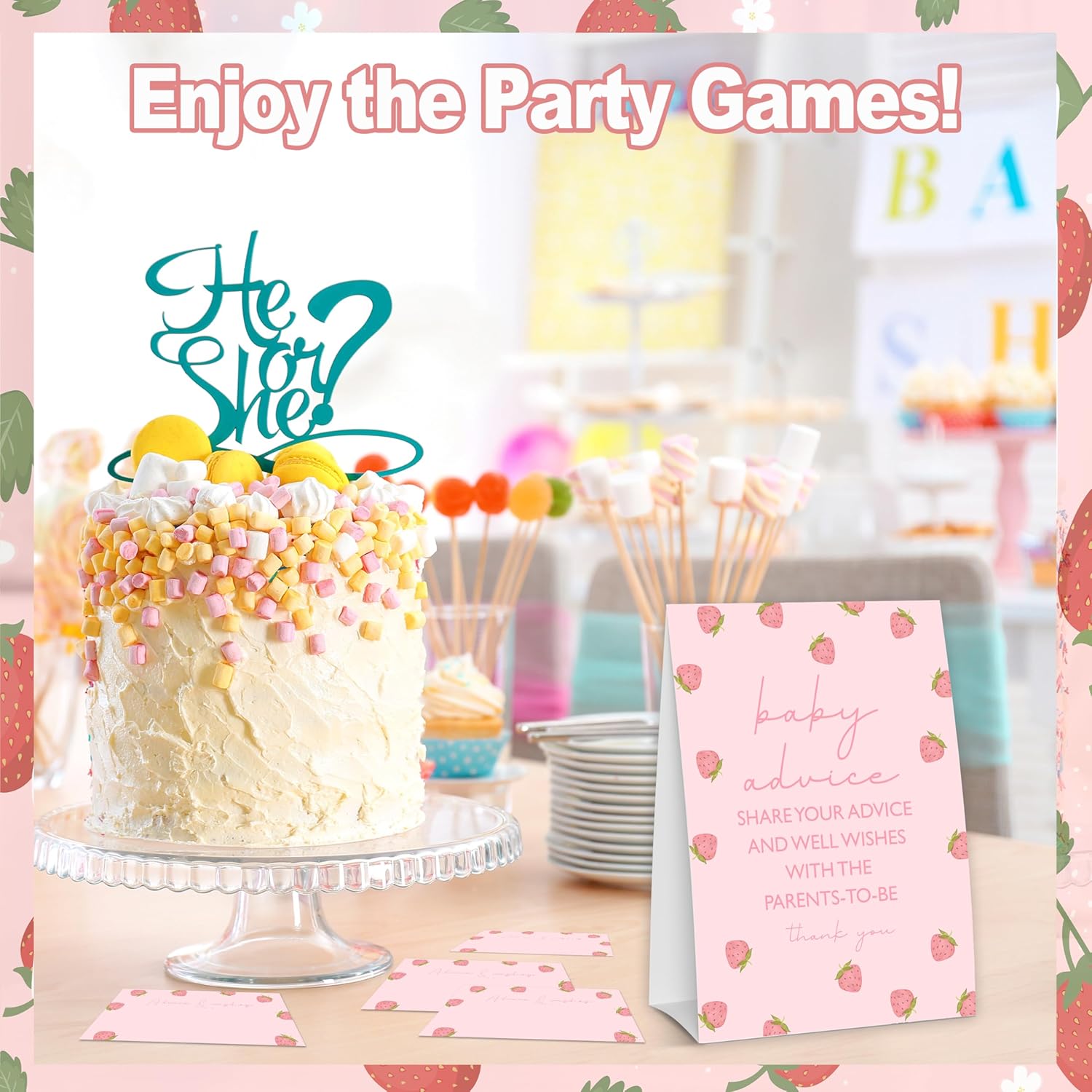 Baby Shower Games For Girl, Strawberry Advice Cards For Parents To Be, 1 Standing Sign With 50 Advice Cards For Gender Reveal Party Decorations Supplies Announcement - A01