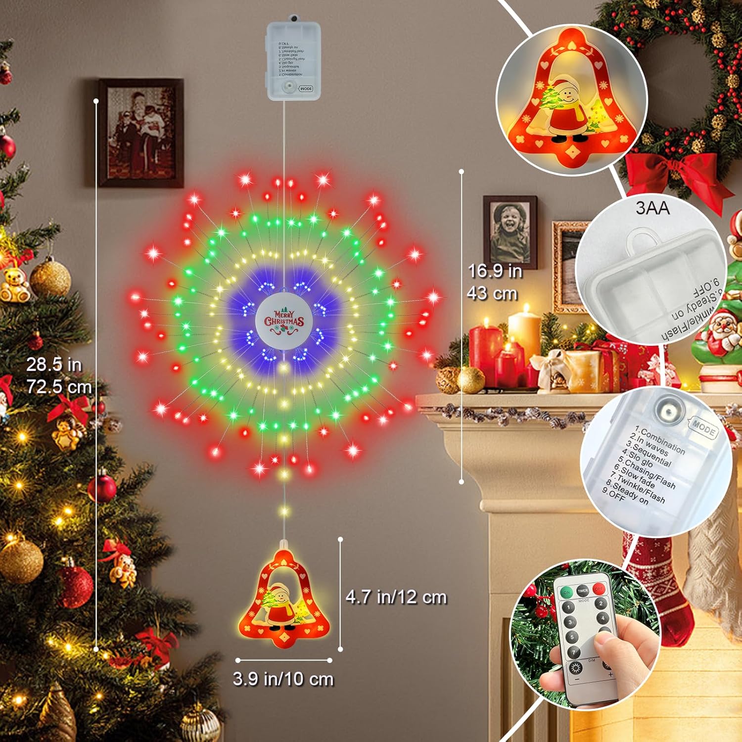 Christmas Window Decorations Lights With Bell 192 Led Firework Lights 8 Modes Battery Operated Christmas Light With Remo