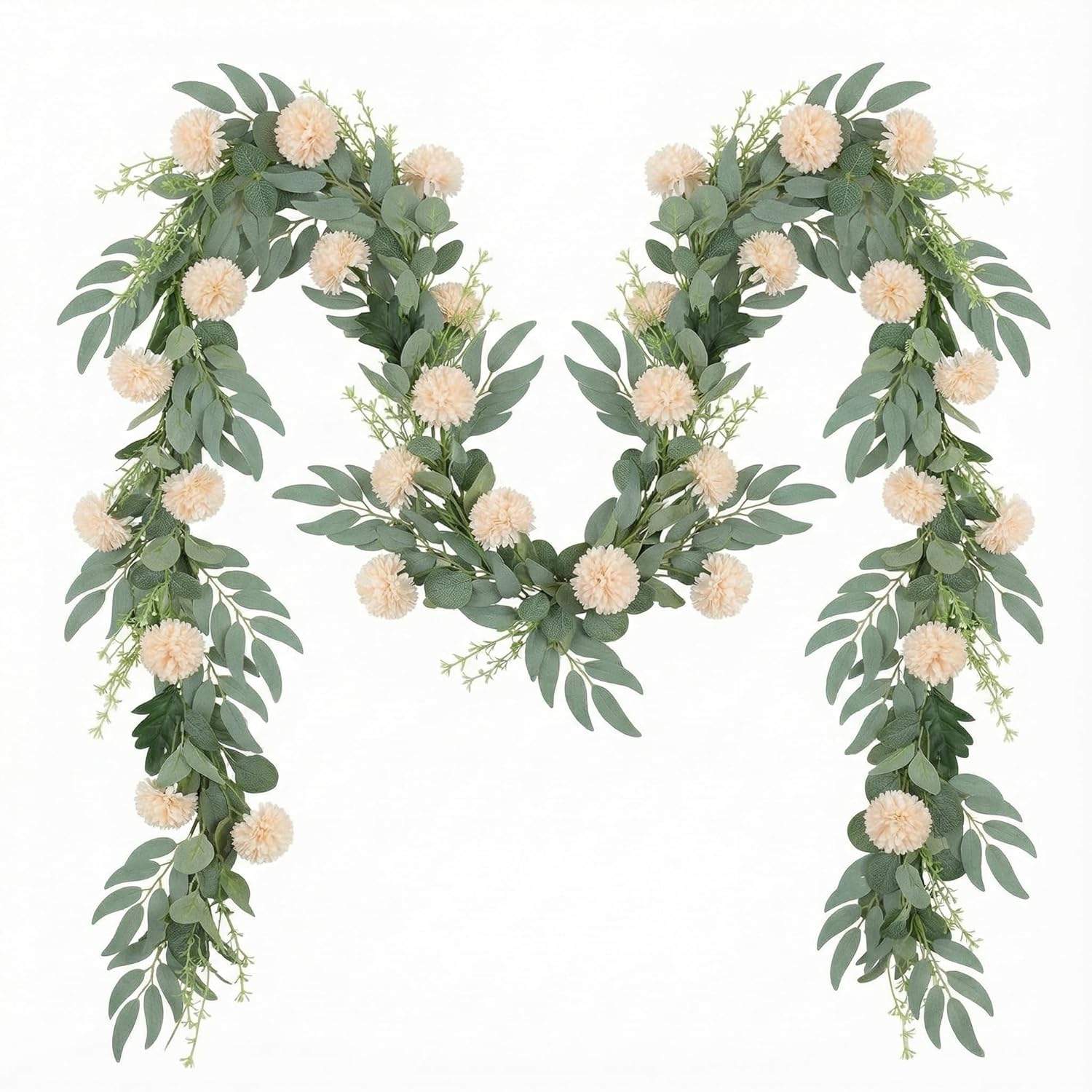 1 Pcs 6 Ft Artificial Flower Garland With Chrysanthemum And Eucalyptus 22 Inch Beige Floral Summer Garland For Wedding Porch Stair Table Centerpieces Baby Shower Birthday Decor