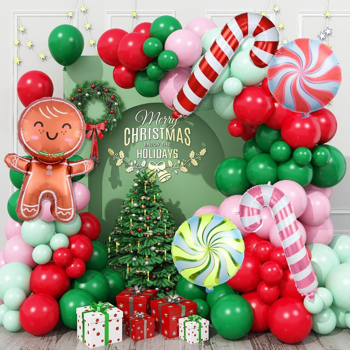 Christmas Balloon Arch, Pink Green Christmas Balloons, Green Pink Red Christmas Balloon Garland Kit, Pink Green Christmas Party Balloons With Christmas Cane Candy Gingerbread Man Foil Balloons