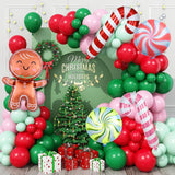 Christmas Balloon Arch, Pink Green Christmas Balloons, Green Pink Red Christmas Balloon Garland Kit, Pink Green Christmas Party Balloons With Christmas Cane Candy Gingerbread Man Foil Balloons