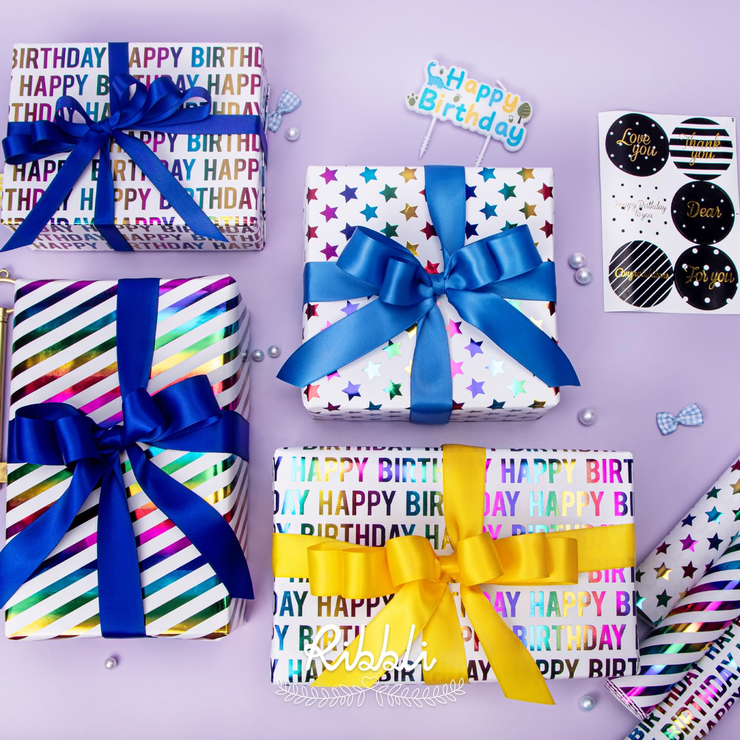 Birthday Wrapping Paper 30 Inch Iridescent Gift Wrapping Paper 4 Rolls Happy Birthday Polka Dots Stripes Stars Printed Assortment -120 Inch(10Feet) Per Roll