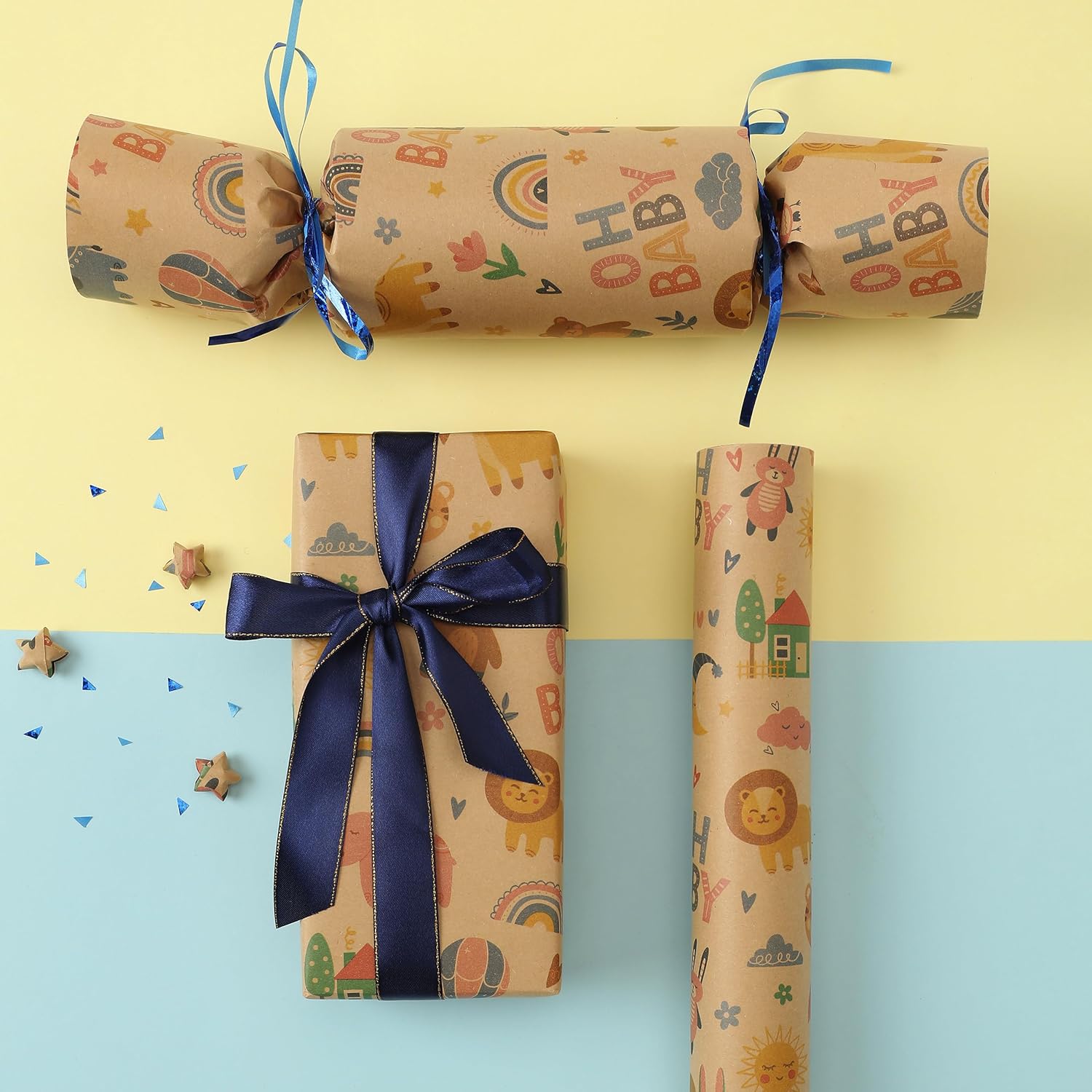 Brown Baby Wrapping Paper Roll-17 Inches X 32.8 Feet, Mini Roll, Animal Design Wrap Kraft Paper For Baby Boy Girl For Baby Shower, Kids' Birthday Party, Newborn, New Moms, Little One, 1St Baby, 1 Roll