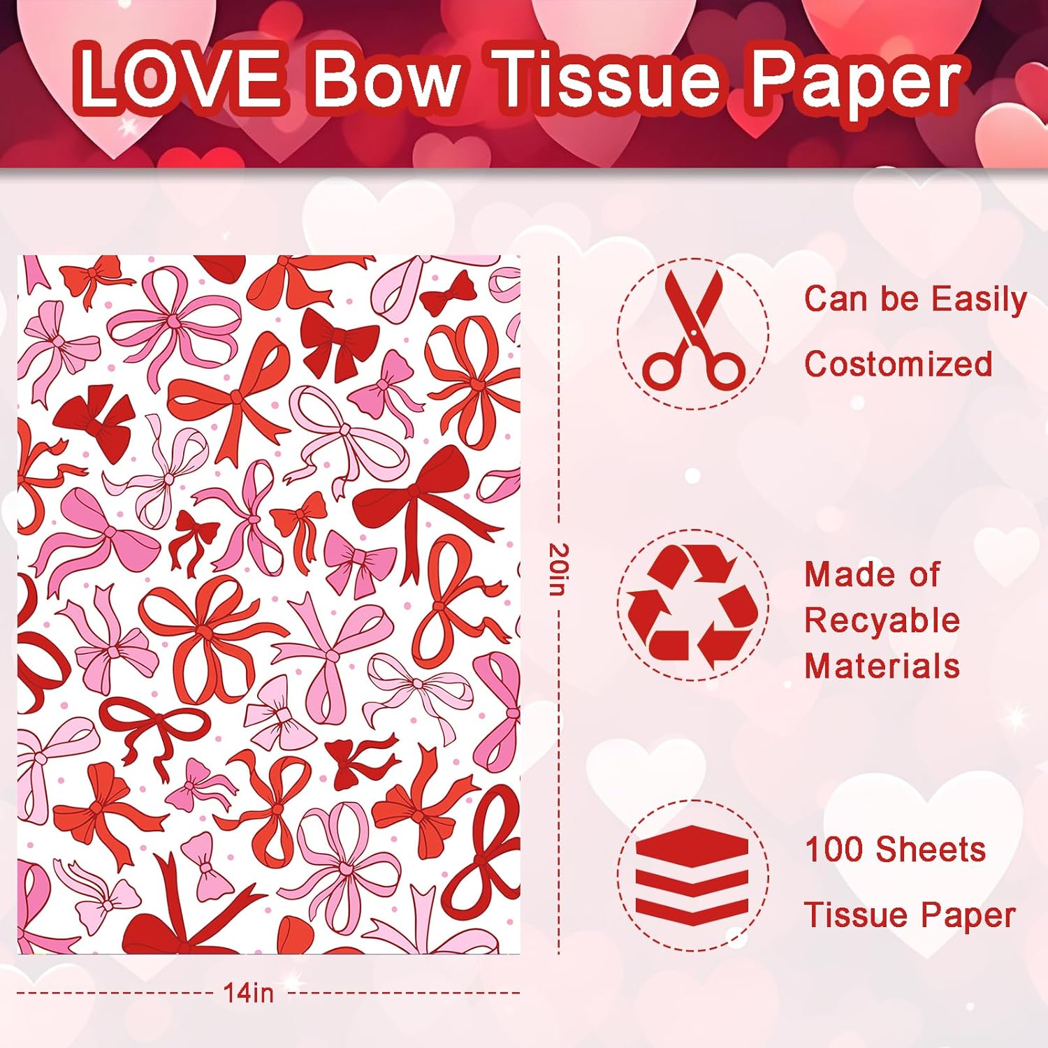 100 Sheet Valentine Coquette Bows Tissue Paper, Red Pink Bow Heart Gift Wrapping Paper For Valentine'S Day Party Supplies, 13.8 X 19.7 Inch