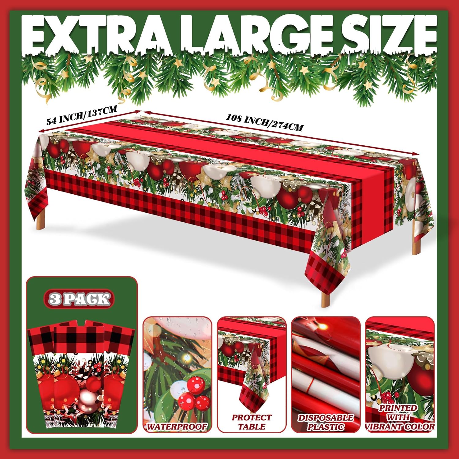 3 Pcs Christmas Tablecloth, 54 X 108 Inch Rectangular Oversize Christmas Ball Tablecloth Set Xmas Ornaments Red Buffalo Plaid Plastic Table Cover For Party Picnic Dinner Kitchen Decor