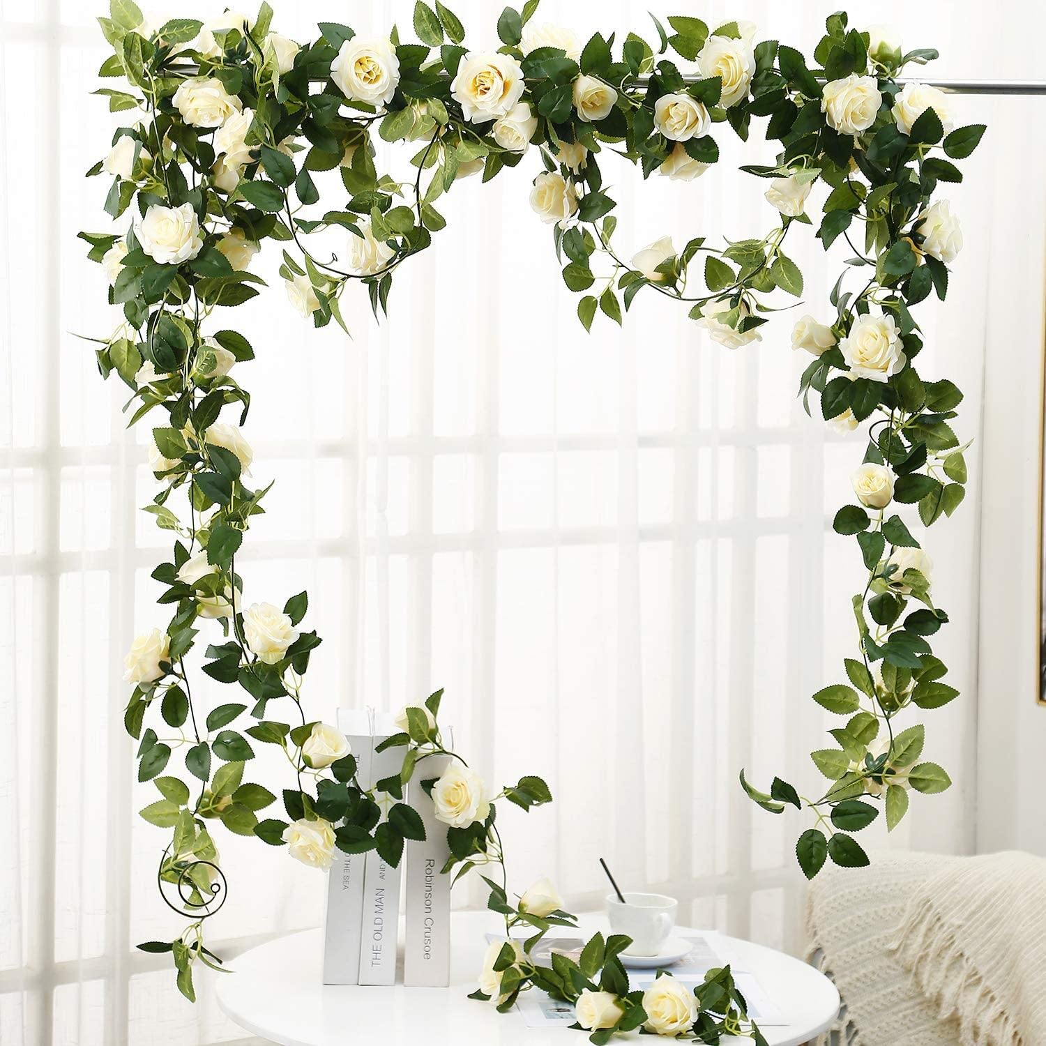 6Pcs Artificial Rose Vine 50Ft Silk Flowers Garland White Rose Fake Hanging Ivy Vine For Wedding Arch Table Centerpiece Home Table Wall Decor