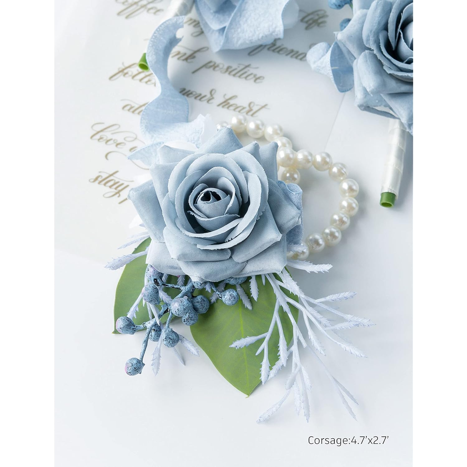 Wrist Corsage Wristlet And Boutonniere Set For Wedding Bridesmaid Mother Grandmother For Bridal Shower Wedding Artificial Roses Flower Prom Set Of 2 (Dusty Blue)