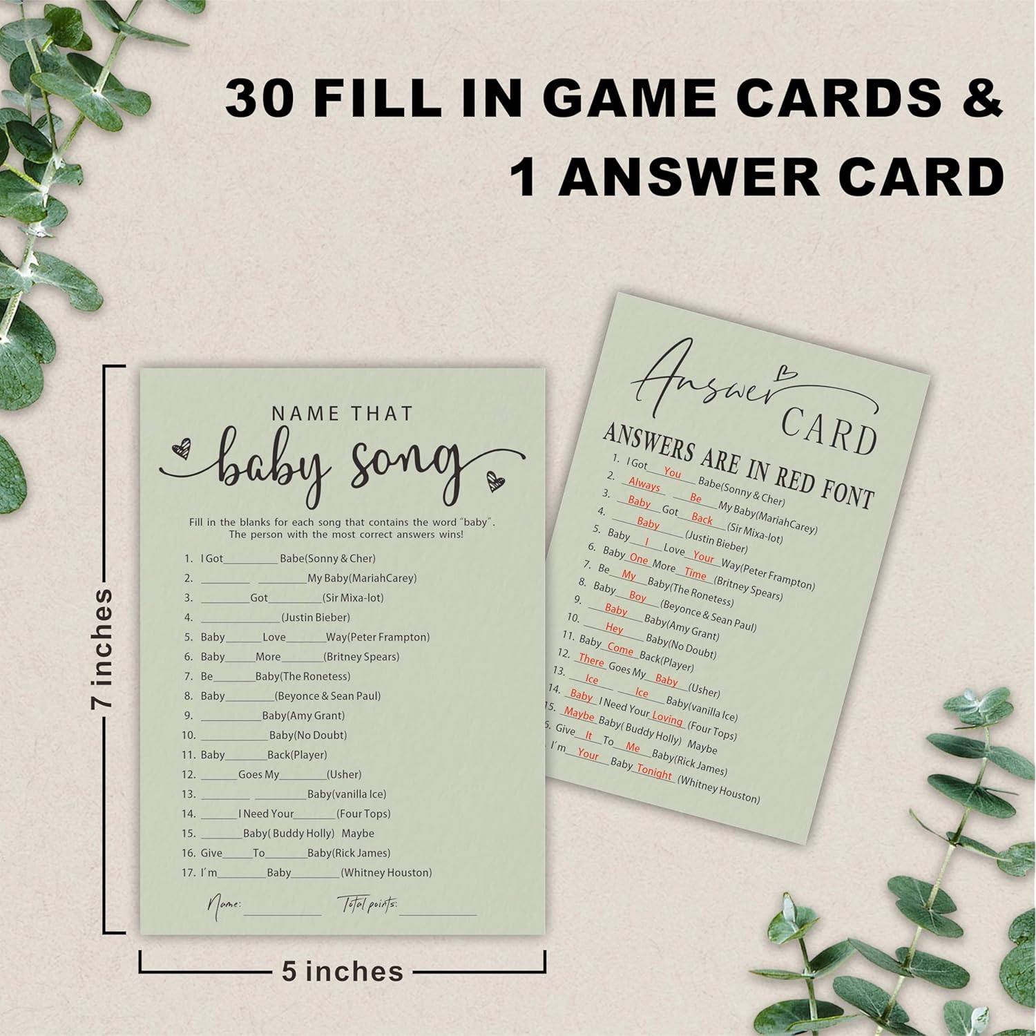 Genderreveal Game:Green Double Print-Name That Baby Song Game-30 Cards Game & 1 Answer Card-Minimalism Baby Shower Party Game