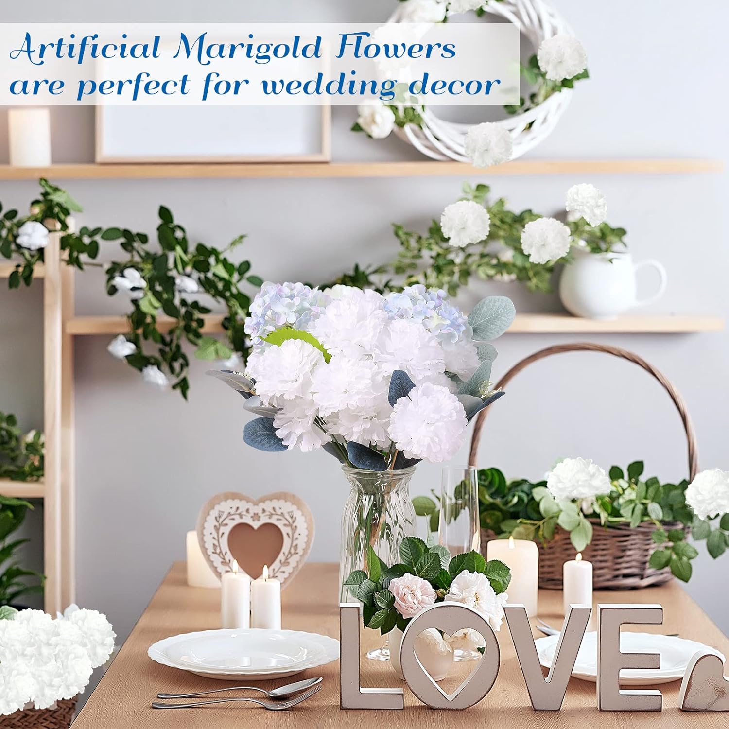 200 Pack Artificial Marigold Flower With Stems Bulk 3.5 Inch Silk Marigold False Flowers Marigolds For Diy Marigold Garland Halloween Wedding Party Home Decorations (White)