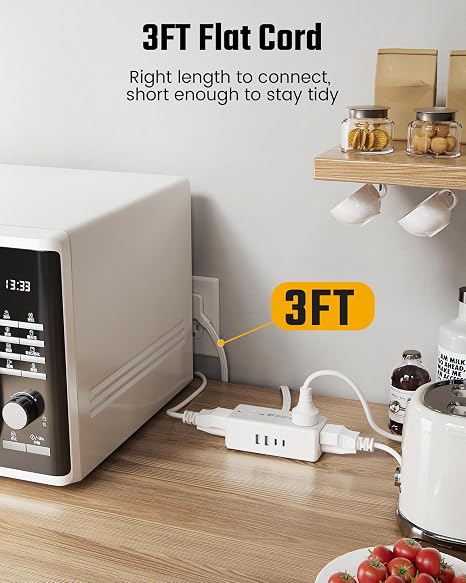 Surge Protector Power Strip 4 Outlets 4 USB Ports 2 USB C 3FT Flat Plug Extension Cord