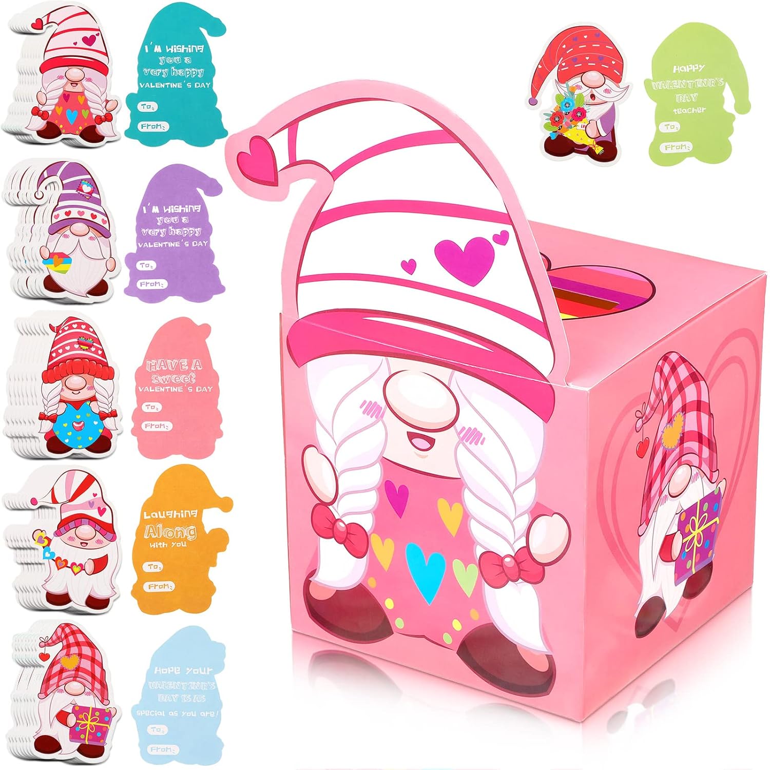 Valentines Day Gnome Cards For Kids Mailboxes For Valentine'S Day Classroom Exchange Gift Party Favors Greeting Birthday Gifts (1 Mailboxes, 40 Valentine Students Cards, 1 Teacher Card)