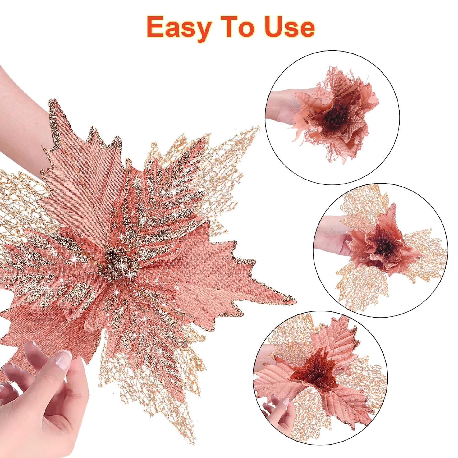 10'' Large Christmas Glitter Poinsettia Flowers Decorations, 10 Pcs Christmas Tree Picks Ornaments Artificial Flowers With Long Stems For Xmas Tree Wreath Garland Wedding Party Diy Decor