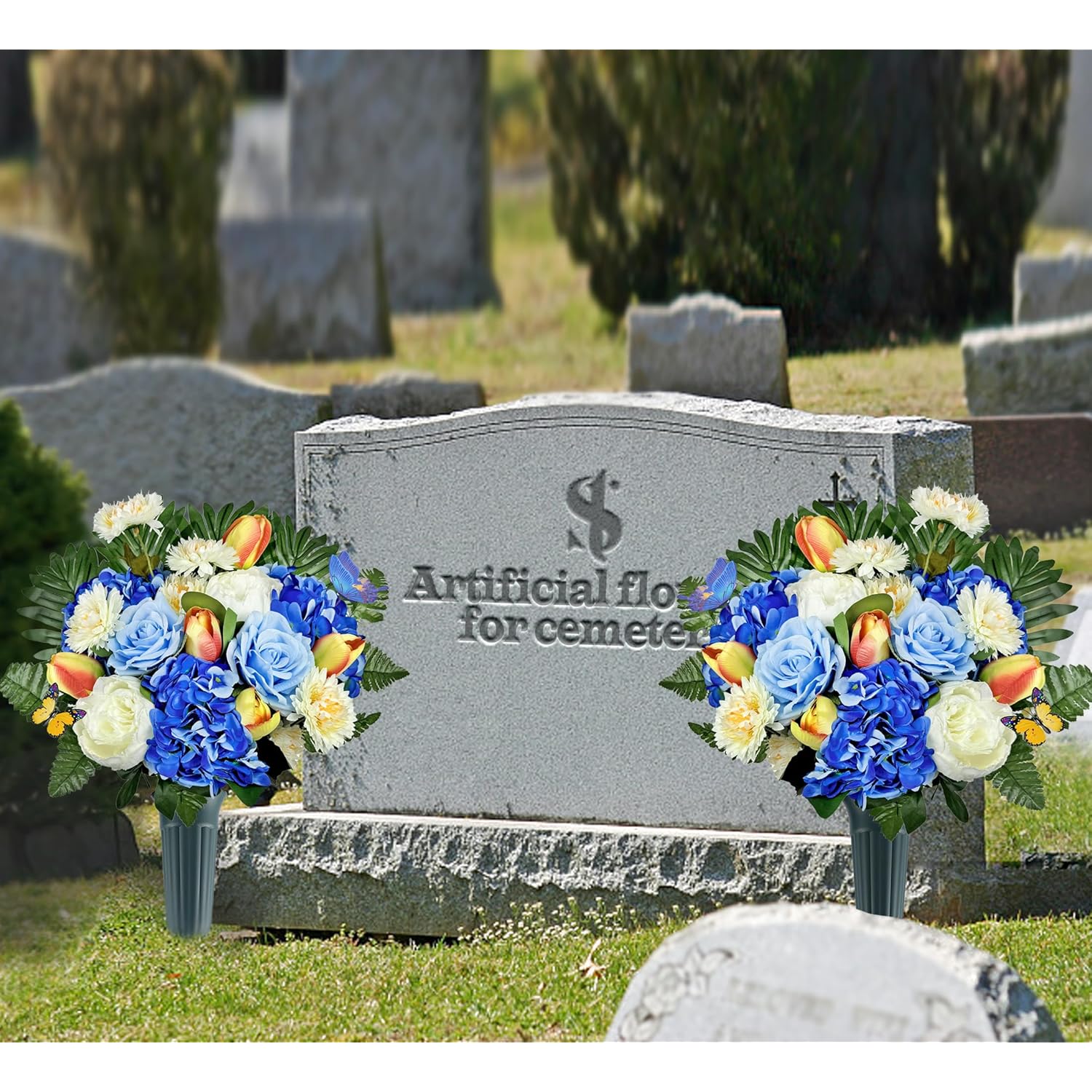 Artificial Cemetery Flowers For Grave,Memorial Flowers Bouquet With Vase For Headstones Decoration,Blue Rose Tulip Hydrangea