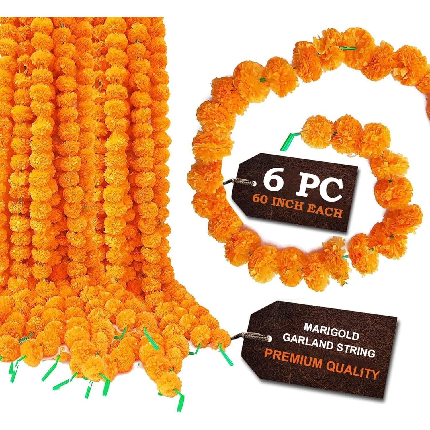 SATVIK Set of 6 - (5 Feet/60 Inches Each) - Artificial Marigold Flower Garland – Reusable Faux Orange Floral Decoration for Home, Outdoor Events, Wall Décor, Wedding, Festival Backdrop