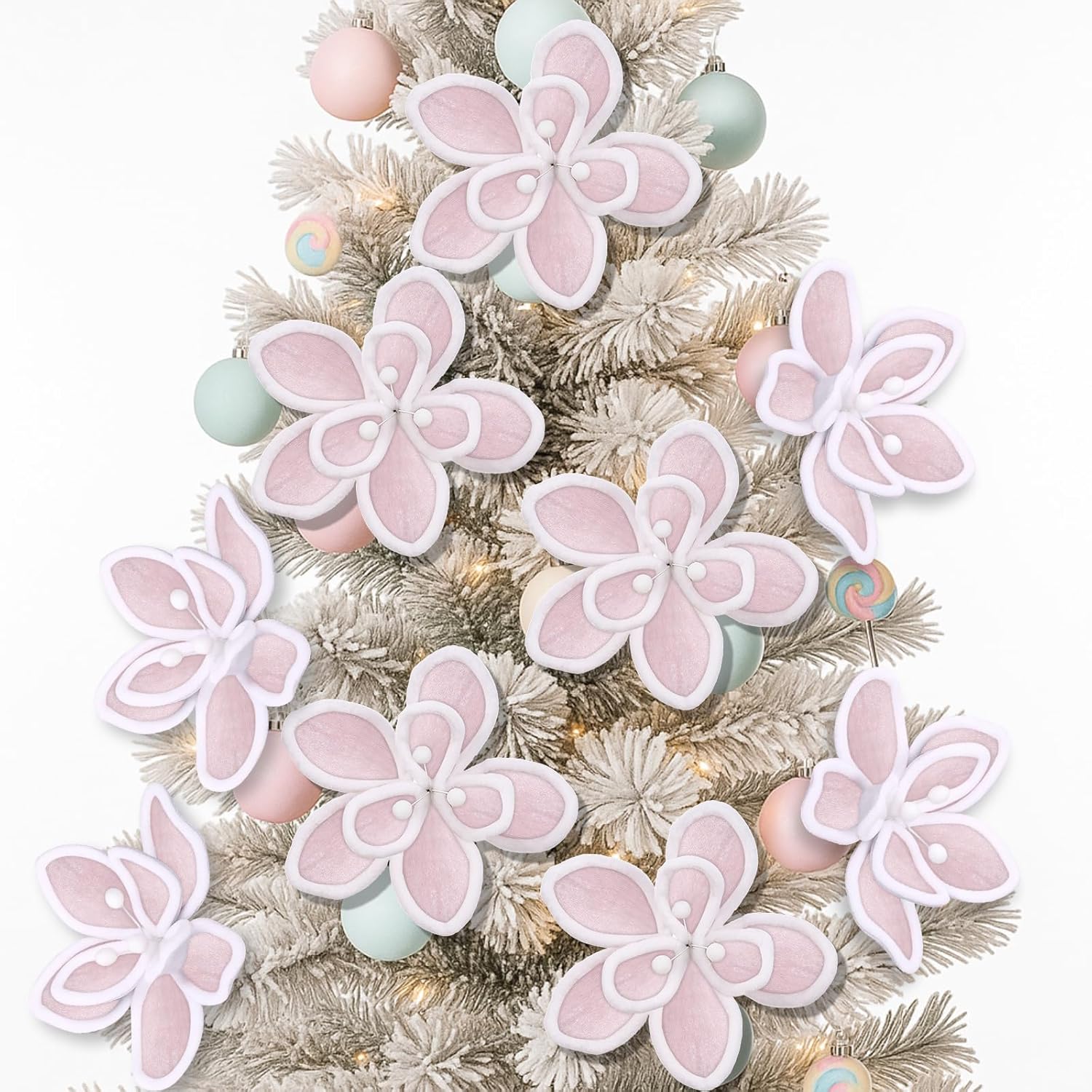 12 Pcs Pastel Christmas Decor Candyland Christmas Poinsettia Tree Decorations Velvet Candy Artificial Flowers Candy Xmas Ornaments For Xmas Decor Supplies(Pink)