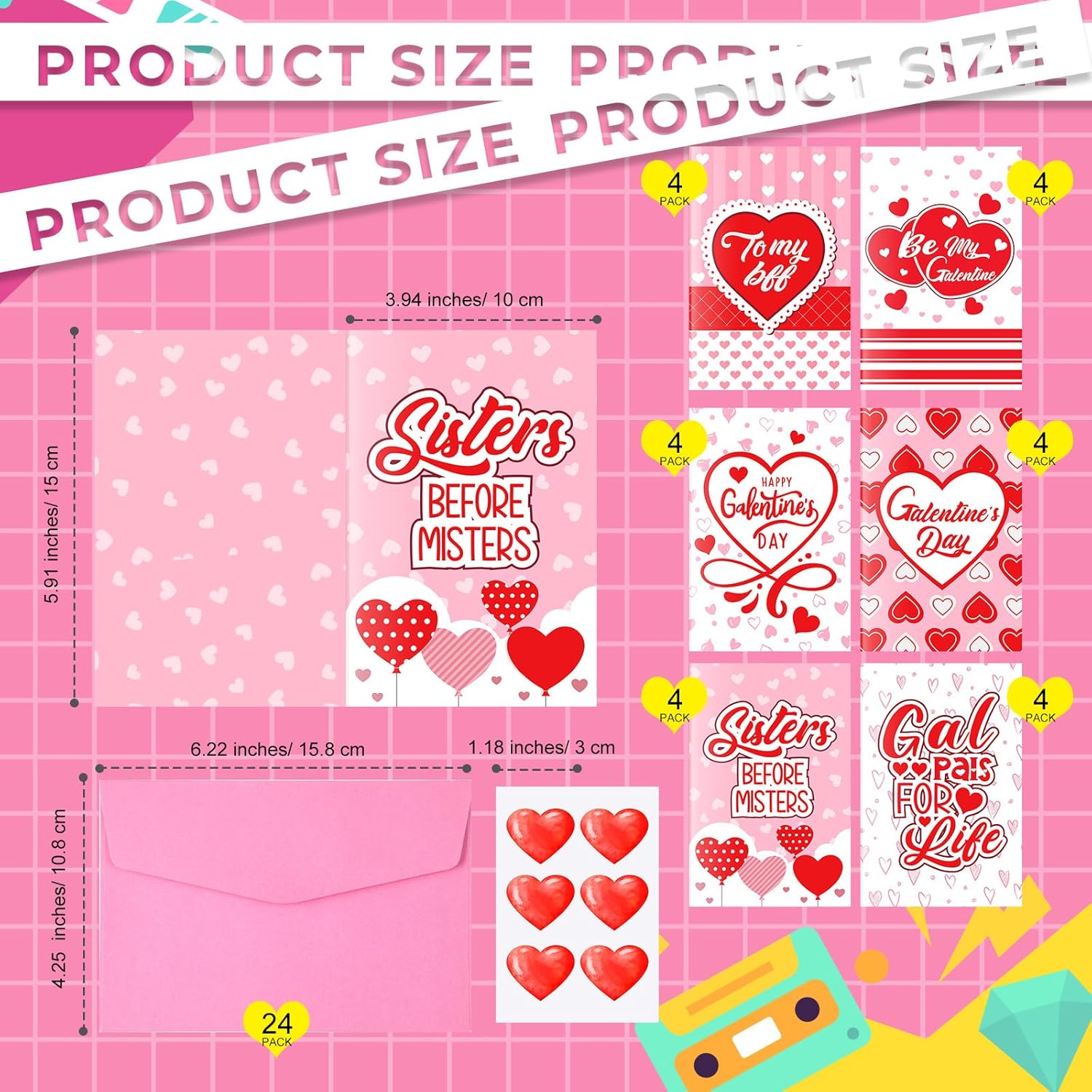 24 Pack Valentine'S Galentines Day Cards With Envelopes And Stickers Friendship Cards Funny Valentine'S Day Card All Occasion Card For Best Friend