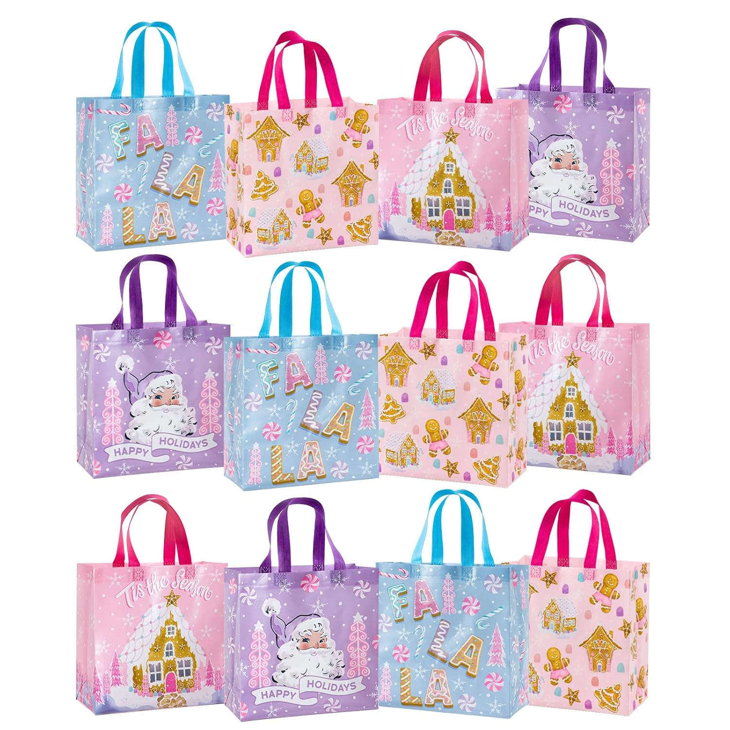 12 Pack Christmas Reusable Gift Bag With Handles - Medium Size 10.5 X 5 X 10.5 Inch - Pastel Pink Purple Gingerbread House And Santa Design, Perfect For Christmas, Party Favor, Shopping