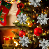 18 Pcs Poinsettia Flowers Artificial Christmas Decorations,Artificial Silver Poinsettia Flowers For Christmas Tree,Fake Glitter Poinsettias 5.5" With Stems Clips For Outdoor Home Decor(Silver)