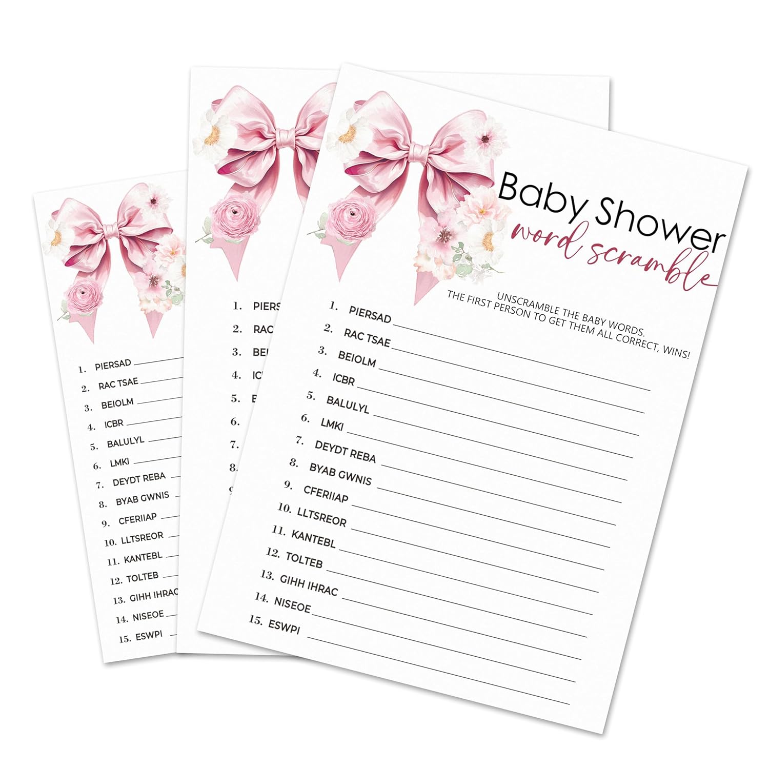 30 Pcs Baby Shower World Scramble Game Cards & 1 Answer Card - Pink Bow Theme Double Sided Baby Shower Games For Girls - Gender Reveal, Announcement Party Decorations & Activities - A11
